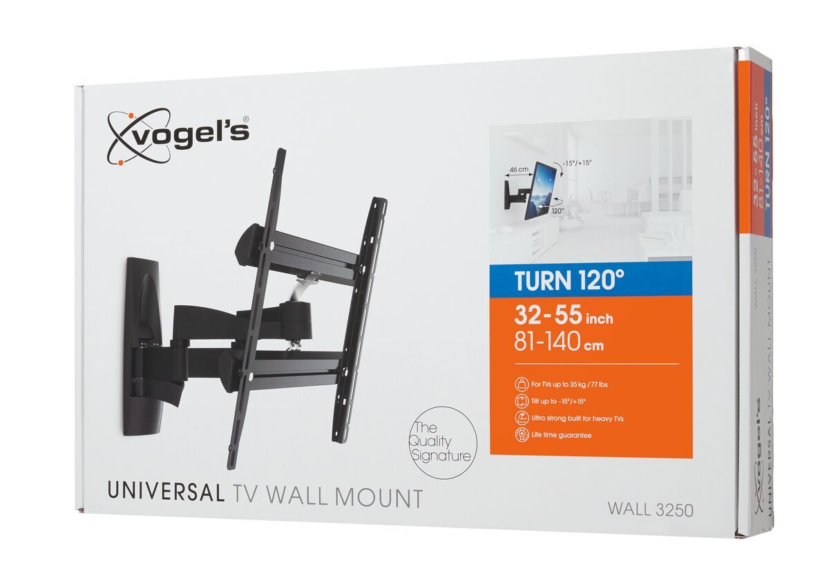 Vogel's WALL 3250 Full-Motion TV Wall Mount - Suitable for 32 up to 55 inch TVs - Forward and turning motion (up to 120°) - Tilt up to 15° - Pack shot 3D