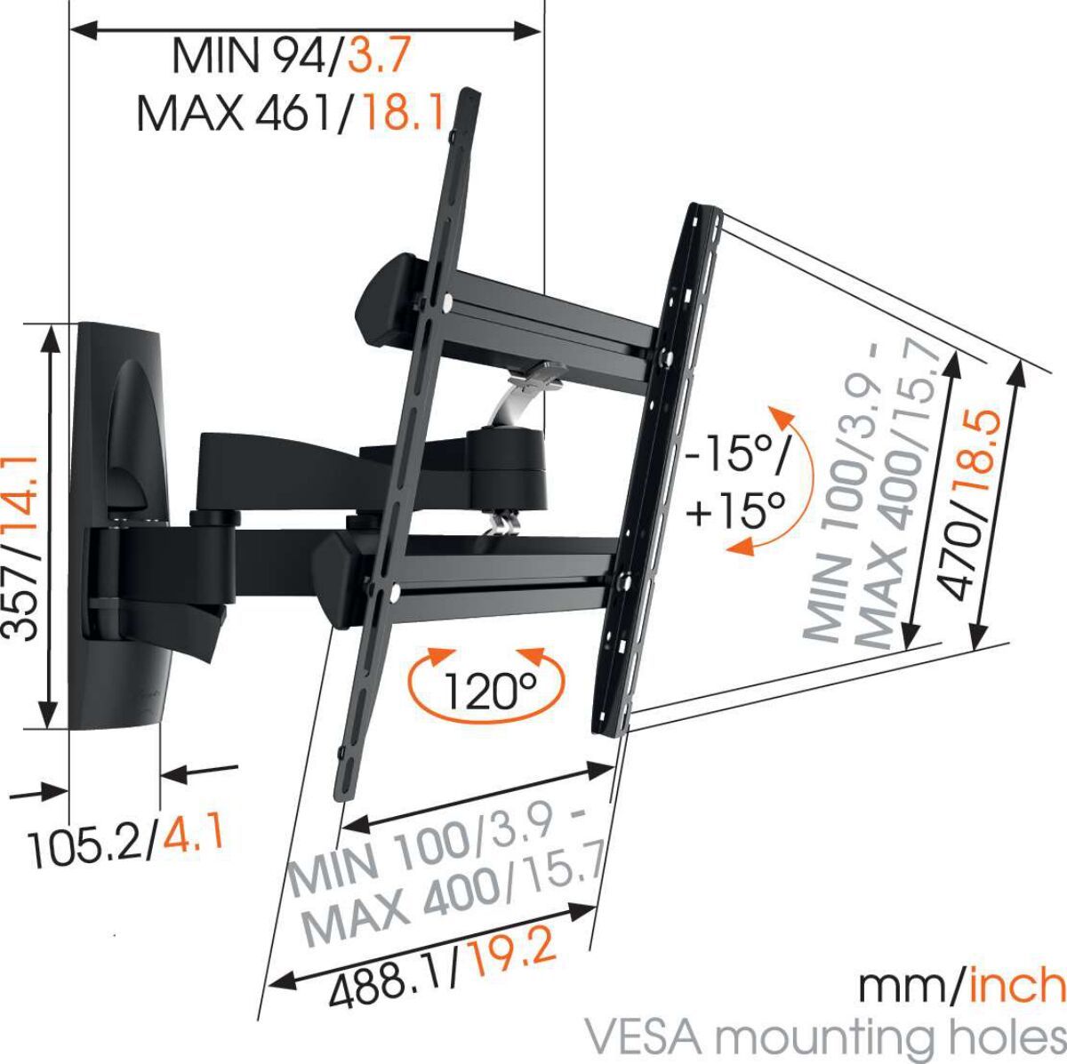 Vogel's WALL 3250 Full-Motion TV Wall Mount - Suitable for 32 up to 55 inch TVs - Forward and turning motion (up to 120°) - Tilt up to 15° - Dimensions