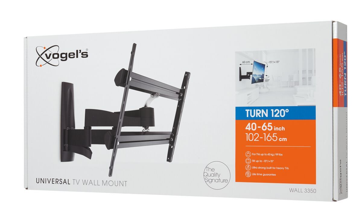 Vogel's WALL 3350 Full-Motion TV Wall Mount - Suitable for 40 up to 65 inch TVs - Forward and turning motion (up to 120°) - Tilt up to 15° - Pack shot 3D