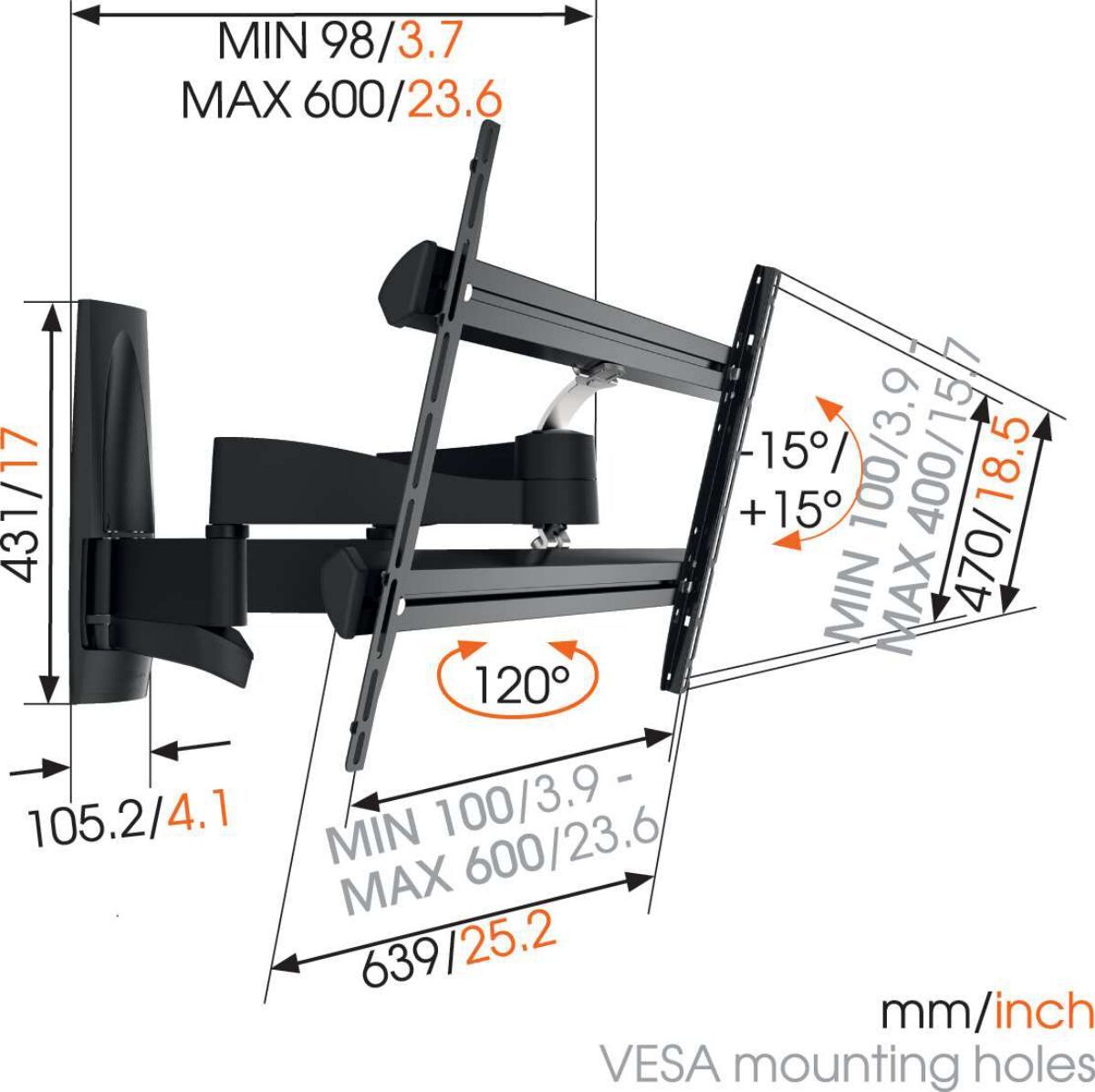 Vogel's WALL 3350 Support TV Orientable - Convient aux téléviseurs de 40 à 65 pouces - Déploiement et rotation (jusqu'à 120°) - Inclinaison jusqu'à 15° - Dimensions