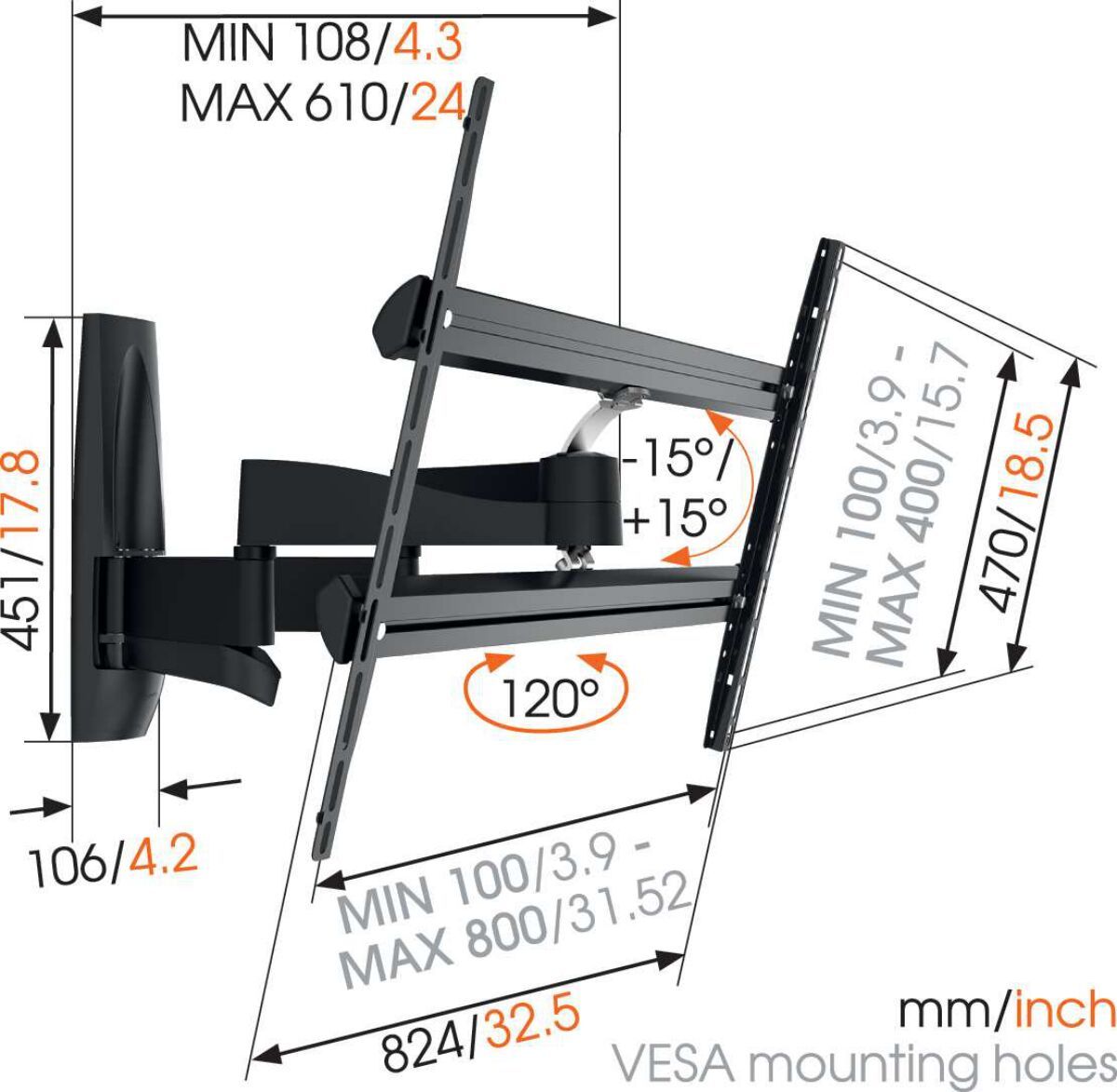 Vogel's WALL 3450 Full-Motion TV Wall Mount - Suitable for 55 up to 100 inch TVs - Forward and turning motion (up to 120°) - Tilt up to 15° - Dimensions