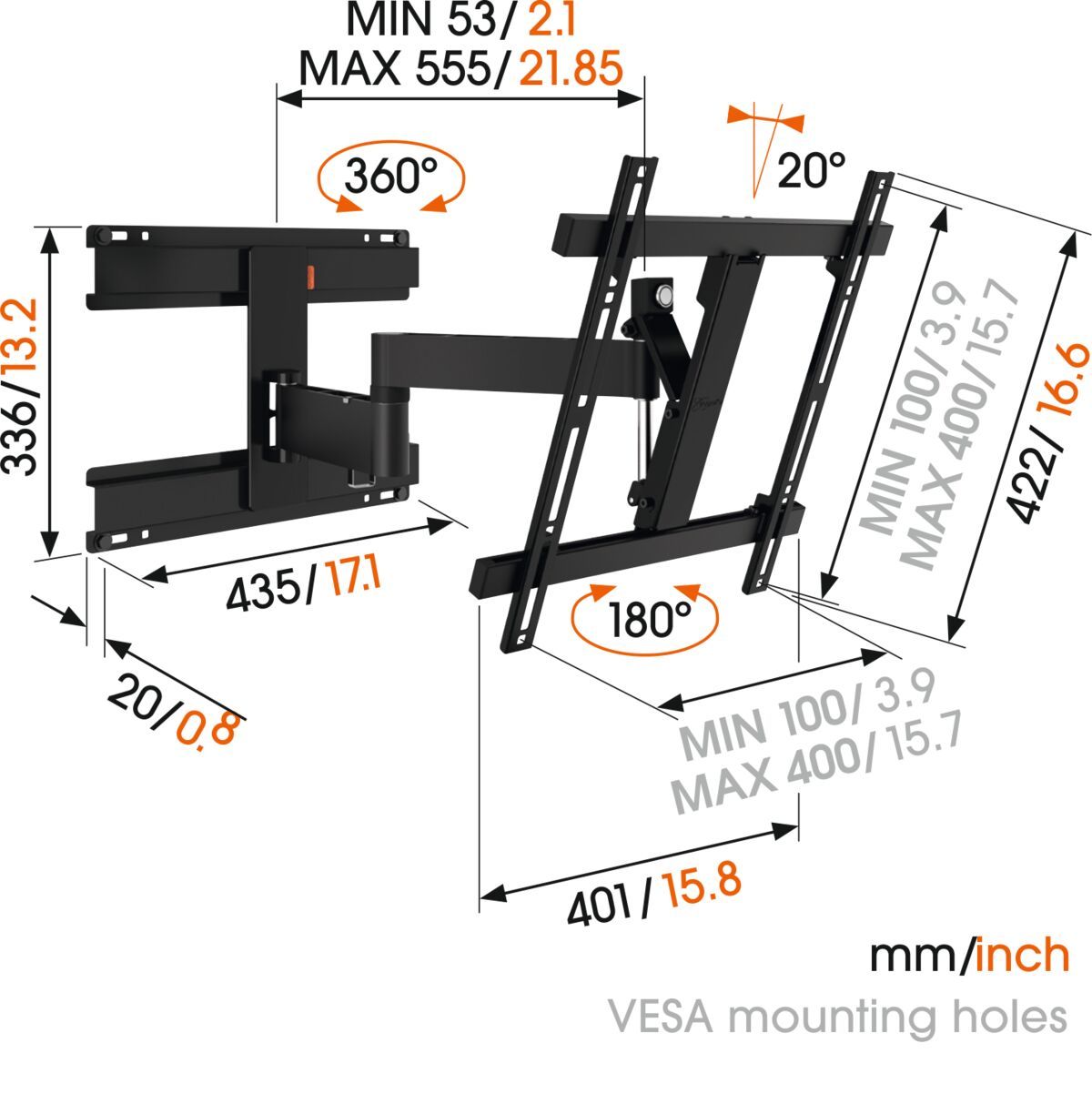 Vogel's WALL 2246 Support TV Orientable (noir) pour cloison en plaque de plâtre (montage sur rails) - Convient aux téléviseurs de 32 à 55 pouces - Orientable (jusqu'à 180°) - Inclinaison jusqu'à 20° - Dimensions