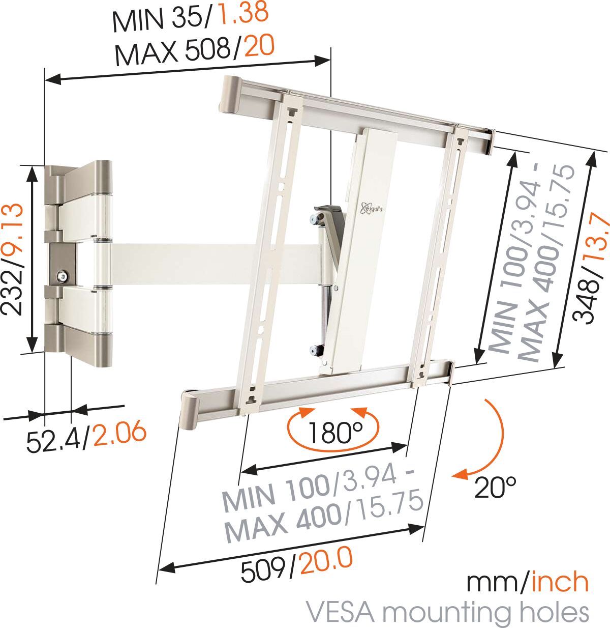 Vogel's THIN 245 UltraThin Full-Motion TV Wall Mount (white) - Suitable for 26 up to 55 inch TVs - Full motion (up to 180°) - Tilt up to 20° - Dimensions
