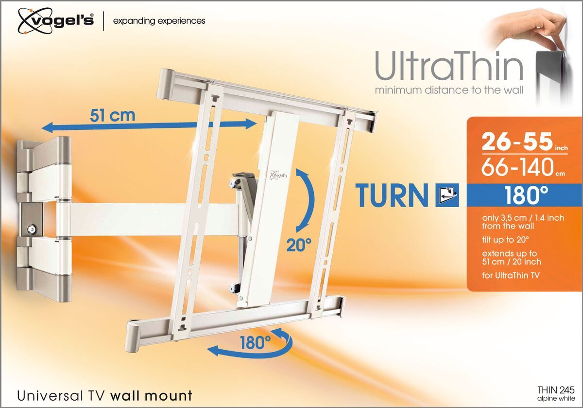 Vogel's THIN 445 UltraThin Support TV Orientable (blanc) - Convient aux téléviseurs de 26 à 55 pouces - Orientable (jusqu'à 180°) - Inclinaison jusqu'à 20° - Packaging front