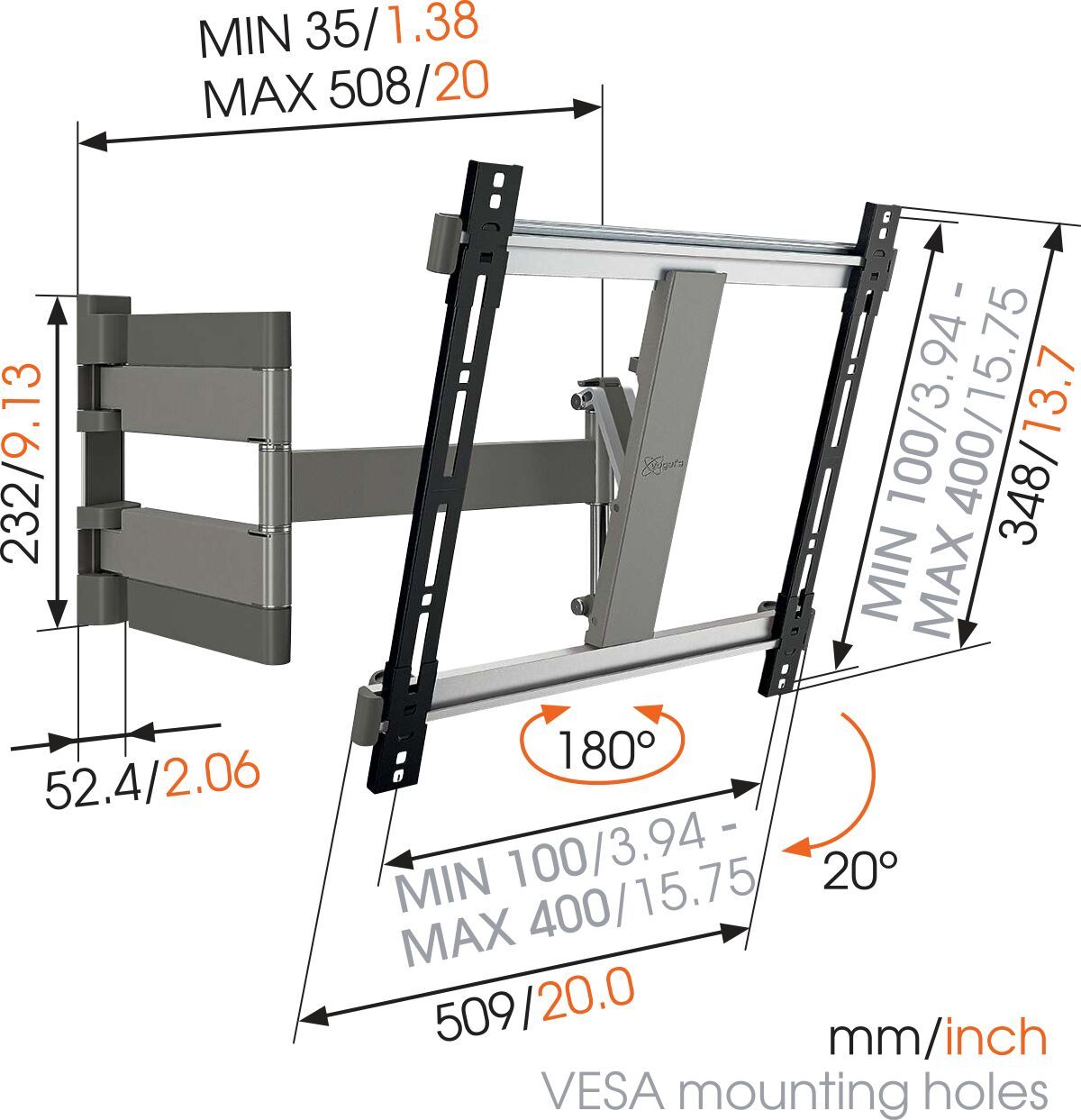 Vogel's THIN 245 UltraThin Full-Motion TV Wall Mount (black) - Suitable for 26 up to 55 inch TVs - Full motion (up to 180°) - Tilt up to 20° - Dimensions