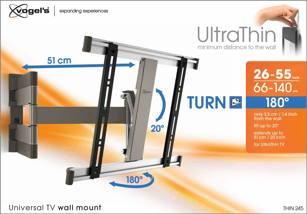 Vogel's THIN 245 UltraThin Support TV Orientable (noir) - Convient aux téléviseurs de 26 à 55 pouces - Orientable (jusqu'à 180°) - Inclinaison jusqu'à 20° - Packaging front