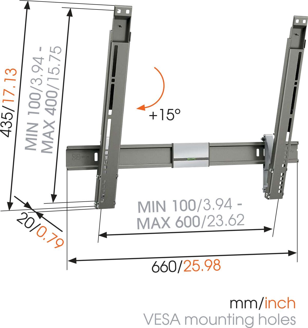 Vogel's THIN 315 UltraThin Support TV Inclinable - Convient aux téléviseurs de 40 à 65 pouces jusqu'à Inclinaison jusqu'à 15° - Dimensions