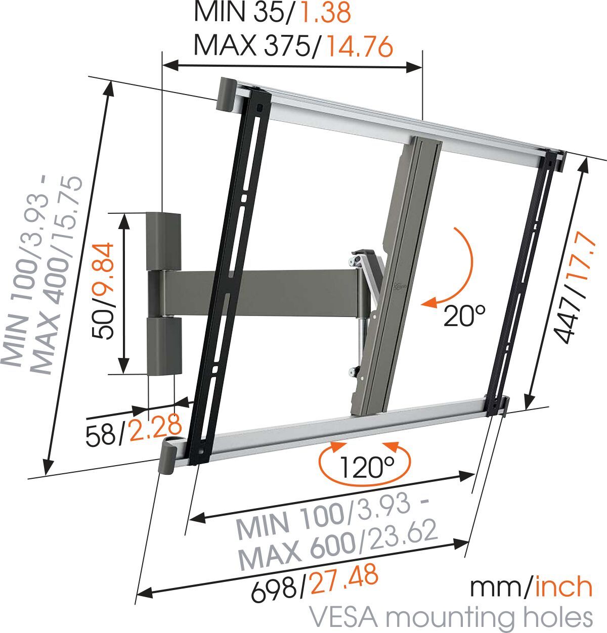 Vogel's THIN 325 UltraThin Full-Motion TV Wall Mount - Suitable for 40 up to 65 inch TVs - Motion (up to 120°) - Tilt up to 20° - Dimensions