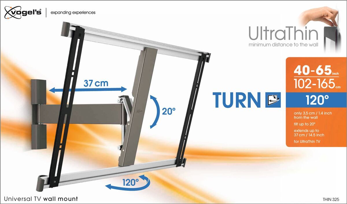 Vogel's THIN 325 UltraThin Support TV Orientable - Convient aux téléviseurs de 40 à 65 pouces - Rotation (jusqu'à 120°) - Inclinaison jusqu'à 20° - Packaging front