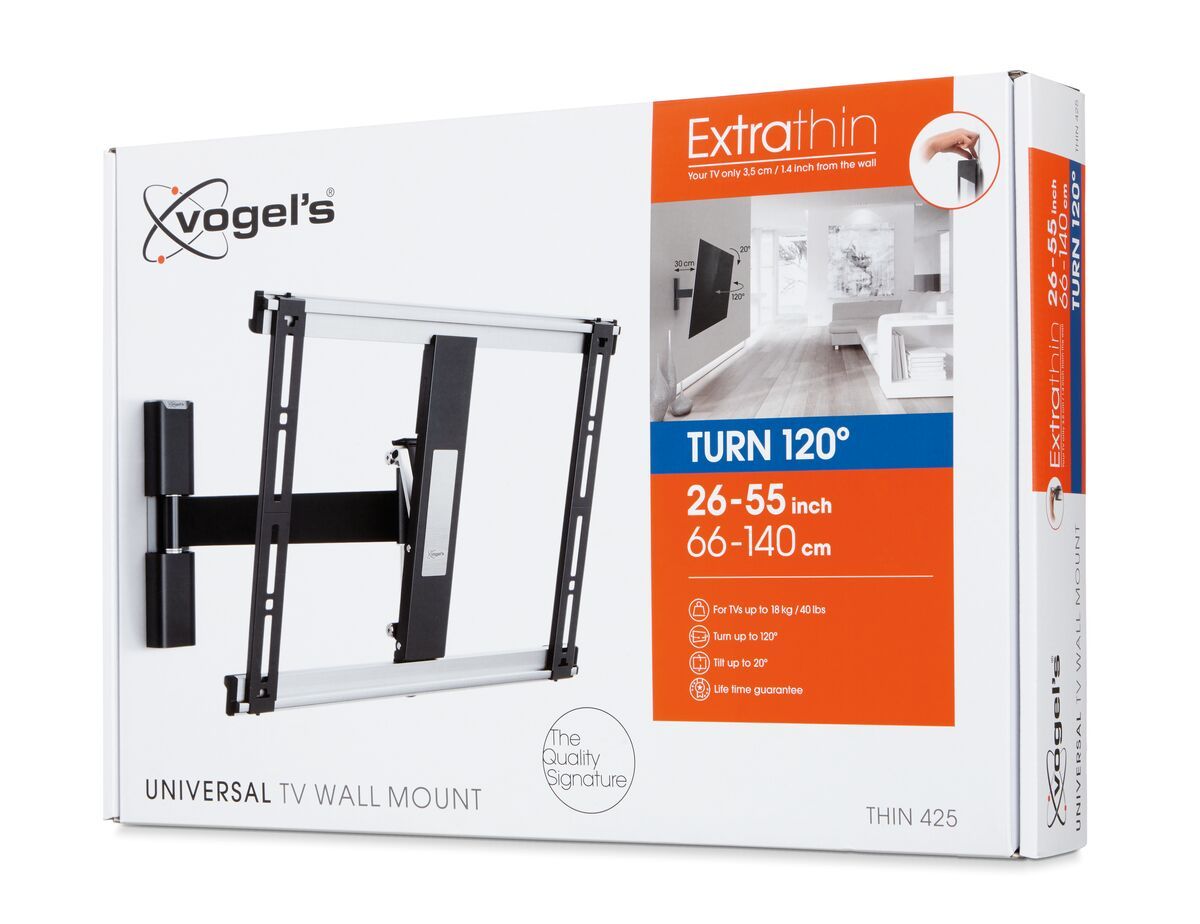 Vogel's THIN 425 ExtraThin Support TV Orientable - Convient aux téléviseurs de 26 à 55 pouces - Rotation (jusqu'à 120°) - Inclinaison jusqu'à 20° - Pack shot 3D