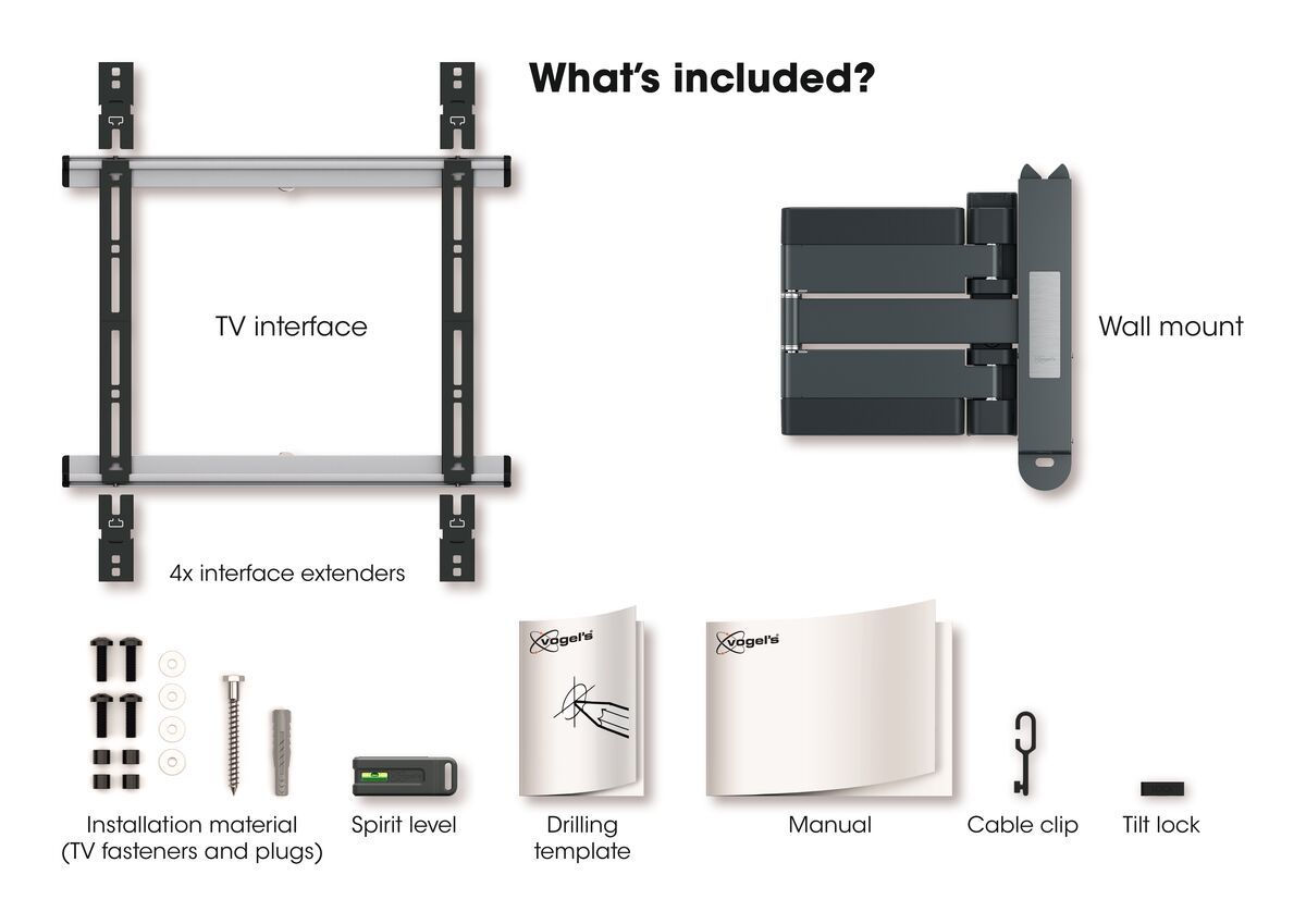 Vogel's THIN 445 ExtraThin Full-Motion TV Wall Mount (black) - Suitable for 26 up to 55 inch TVs - Full motion (up to 180°) - Tilt up to 20° - What's in the box