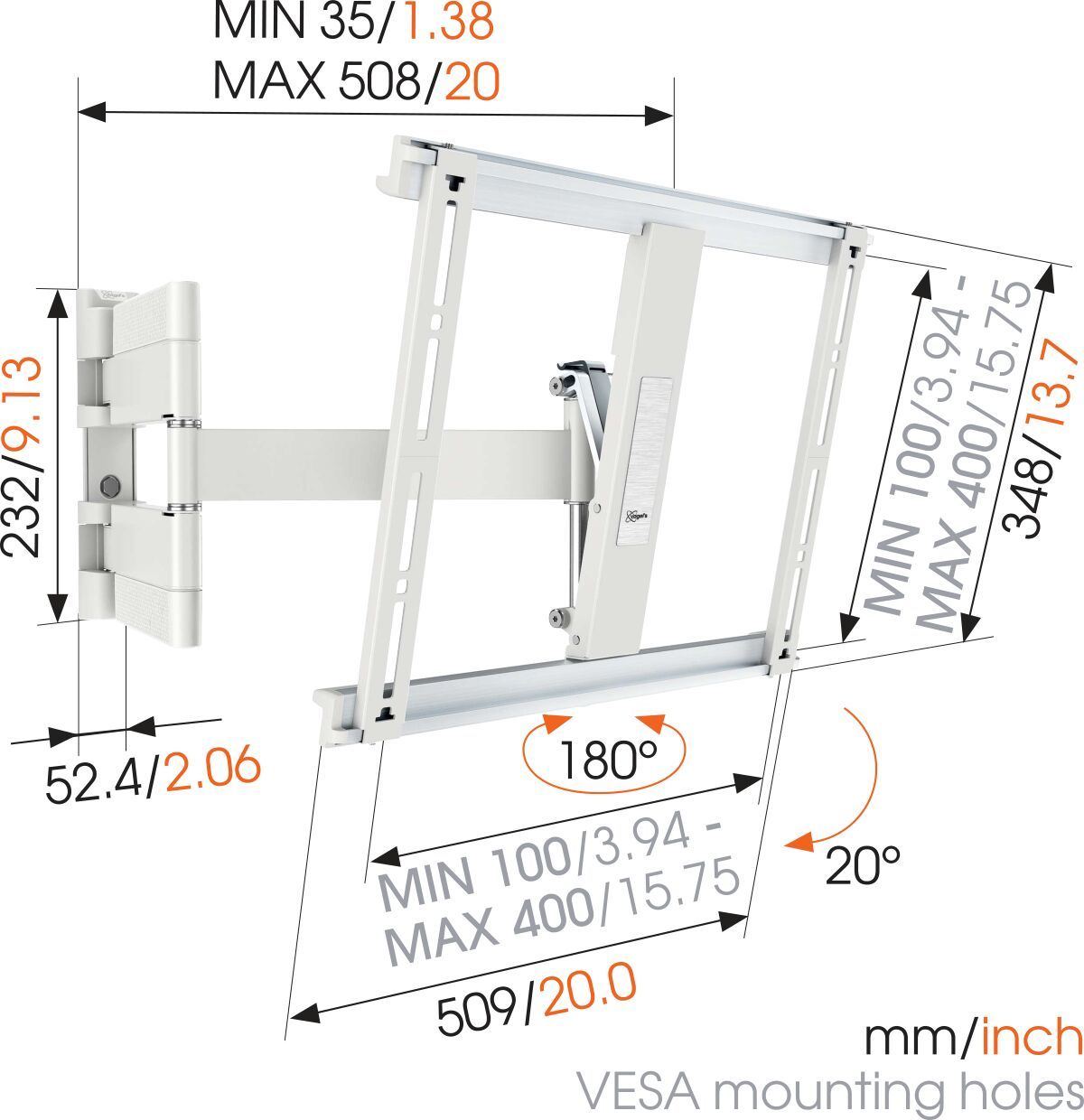 Vogel's THIN 445 ExtraThin Full-Motion TV Wall Mount (white) - Suitable for 26 up to 55 inch TVs - Full motion (up to 180°) - Tilt up to 20° - Dimensions