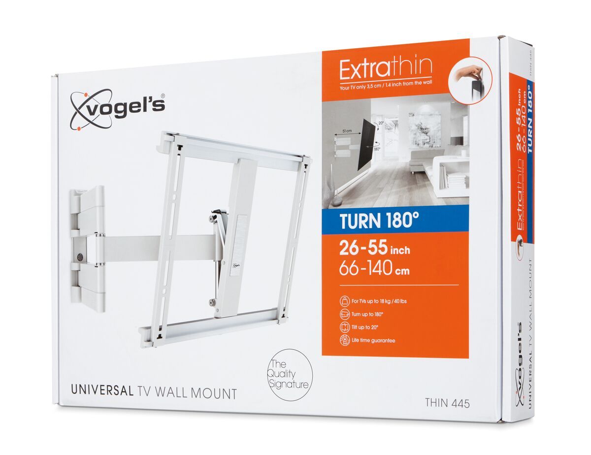 Vogel's THIN 445 ExtraThin Support TV Orientable (blanc) - Convient aux téléviseurs de 26 à 55 pouces - Orientable (jusqu'à 180°) - Inclinaison jusqu'à 20° - Pack shot 3D
