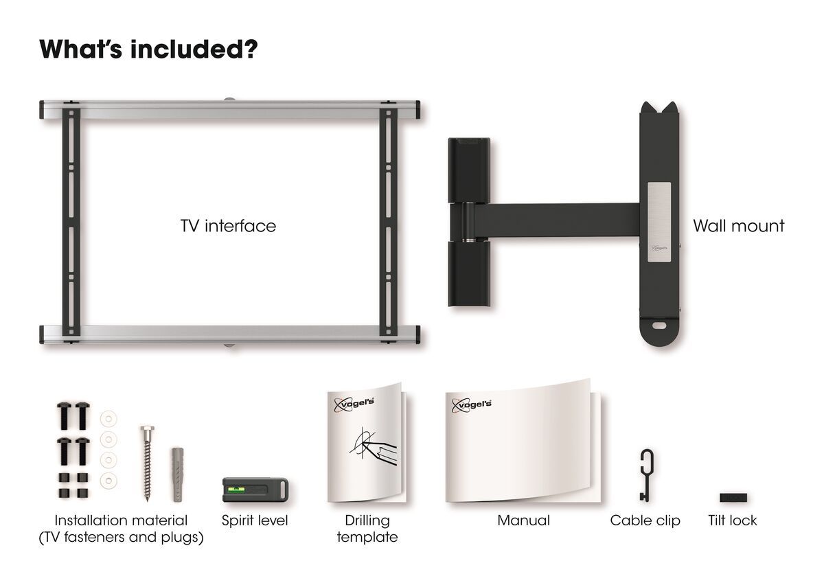 Vogel's THIN 525 ExtraThin Support TV Orientable - Convient aux téléviseurs de 40 à 65 pouces - Rotation (jusqu'à 120°) - Inclinaison jusqu'à 20° - What's in the box