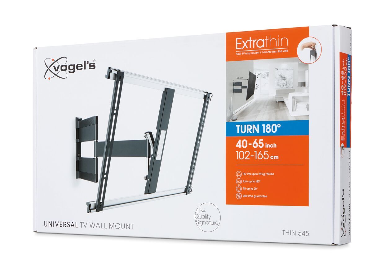 Vogel's THIN 545 ExtraThin Support TV Orientable (noir) - Convient aux téléviseurs de 40 à 65 pouces - Orientable (jusqu'à 180°) - Inclinaison jusqu'à 20° - Pack shot 3D