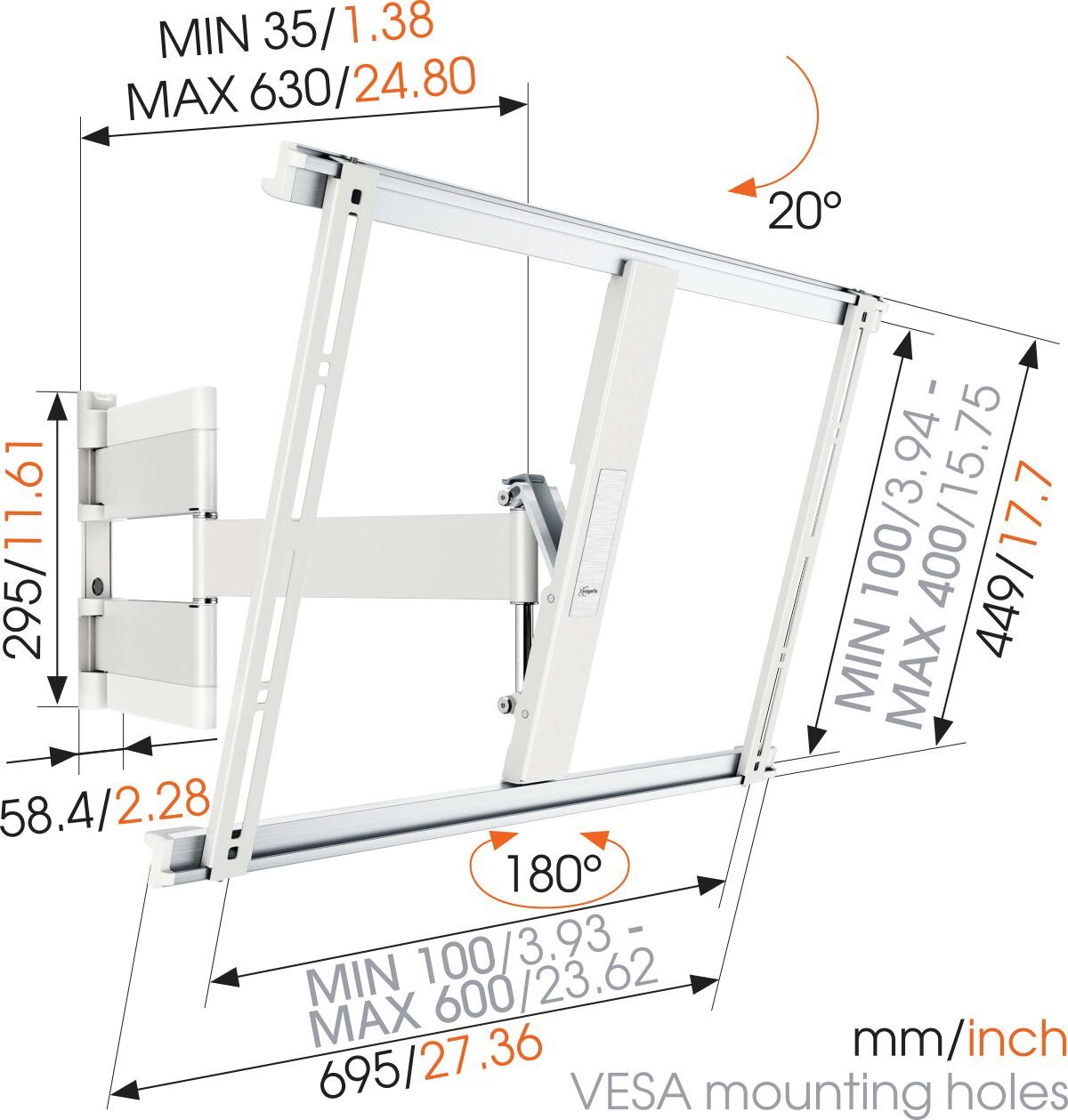 Vogel's THIN 545 ExtraThin Full-Motion TV Wall Mount (white) - Suitable for 40 up to 65 inch TVs - Full motion (up to 180°) - Tilt up to 20° - Dimensions