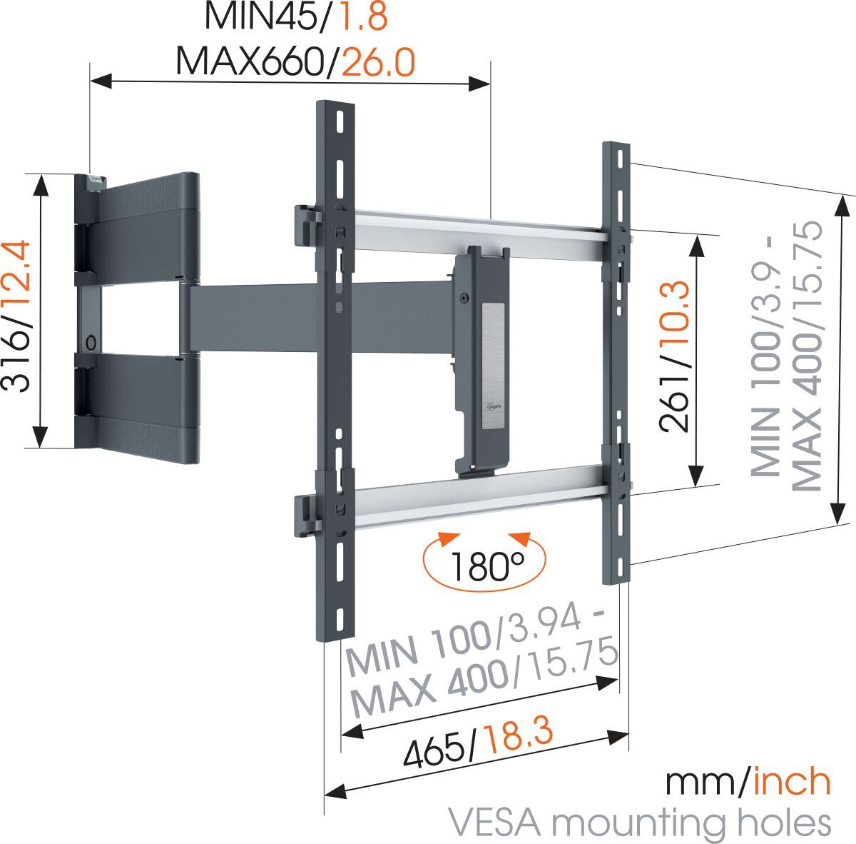 Vogel's THIN 546 ExtraThin Full-Motion TV Wall Mount for OLED TVs (black) - Suitable for 40 up to 65 inch TVs - Full motion (up to 180°) - Dimensions