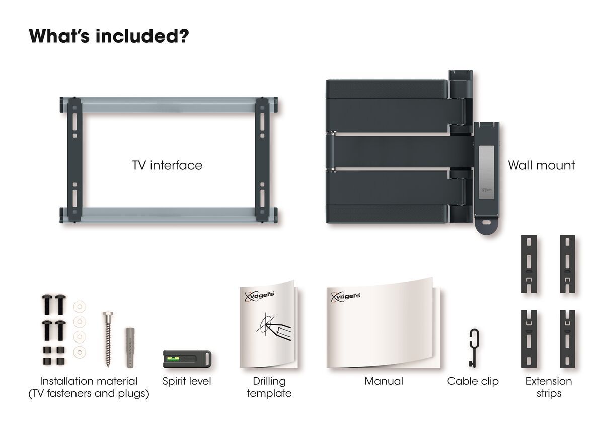 Vogel's THIN 546 ExtraThin Support TV Orientable pour écran OLED (noir) - Convient aux téléviseurs de 40 à 65 pouces - Orientable (jusqu'à 180°) - What's in the box