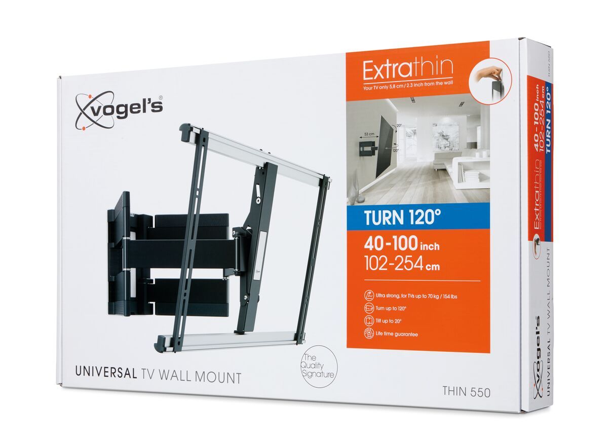 Vogel's THIN 550 ExtraThin Support TV Orientable - Convient aux téléviseurs de 40 à 100 pouces - Déploiement et rotation (jusqu'à 120°) - Inclinaison jusqu'à 20° - Pack shot 3D