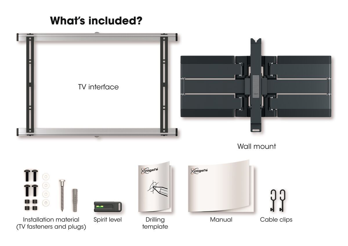 Vogel's THIN 550 ExtraThin Support TV Orientable - Convient aux téléviseurs de 40 à 100 pouces - Déploiement et rotation (jusqu'à 120°) - Inclinaison jusqu'à 20° - What's in the box