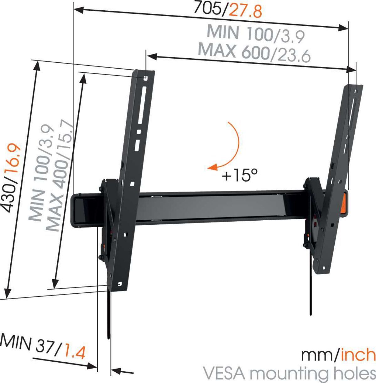Vogel's W50810 Tilting TV Wall Mount - Suitable for 40 up to 65 inch TVs up to Tilt up to 15° - Dimensions