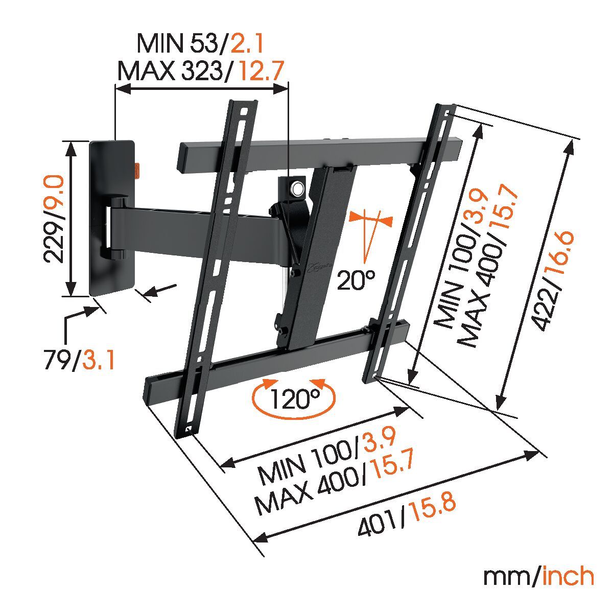 Vogel's W52070 Full-Motion TV Wall Mount (black) - Suitable for 32 up to 55 inch TVs - Motion (up to 120°) - Tilt up to 20° - Dimensions