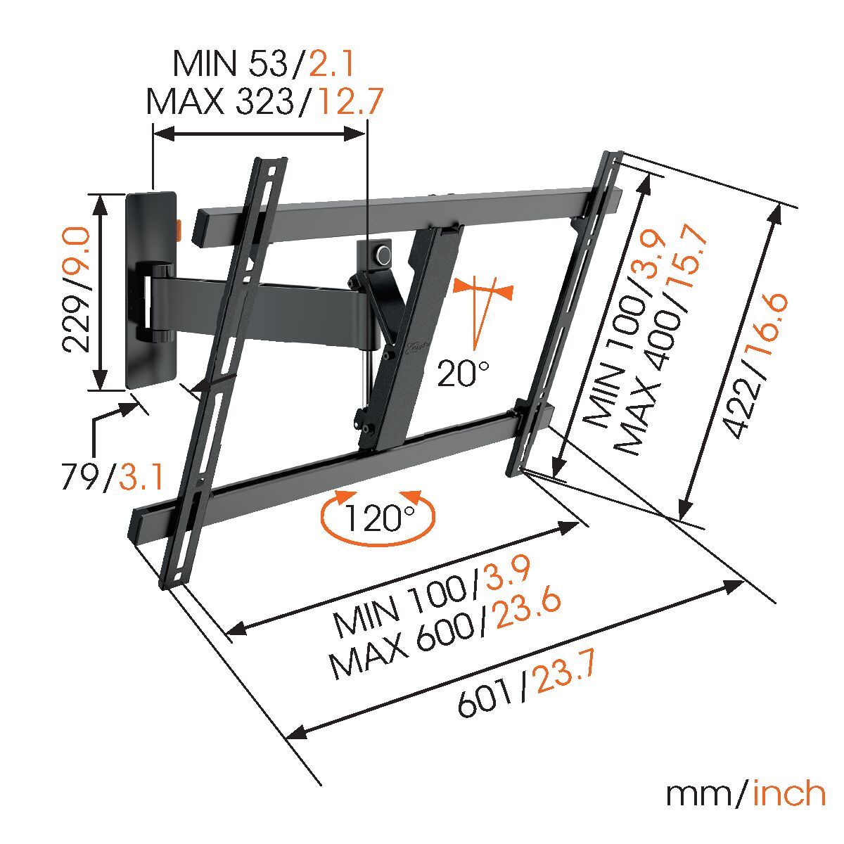 Vogel's W52080 Full-Motion TV Wall Mount (black) - Suitable for 40 up to 65 inch TVs - Motion (up to 120°) - Tilt up to 20° - Dimensions