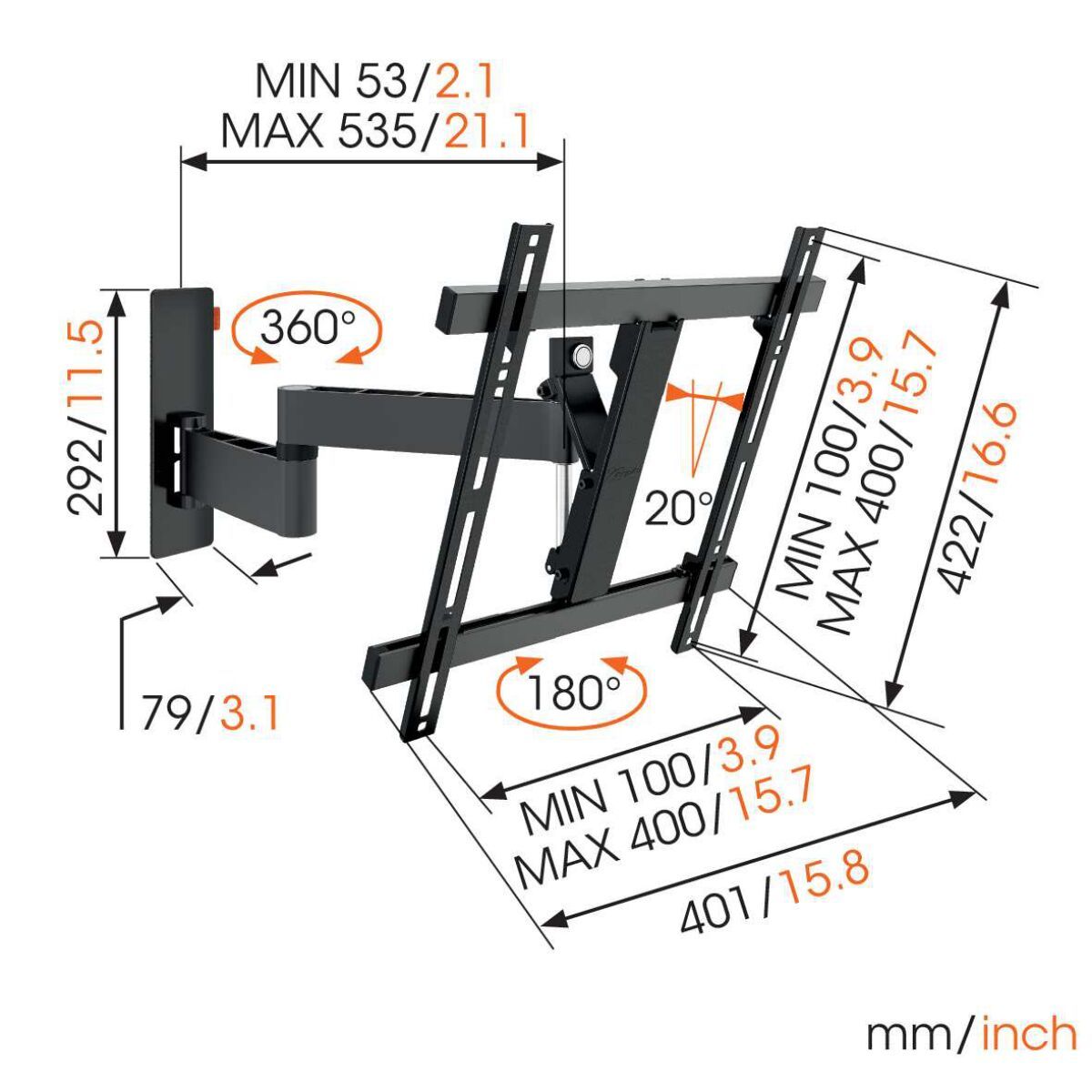 Vogel's W53070 Full-Motion TV Wall Mount (black) - Suitable for 32 up to 55 inch TVs - Full motion (up to 180°) - Tilt up to 20° - Dimensions