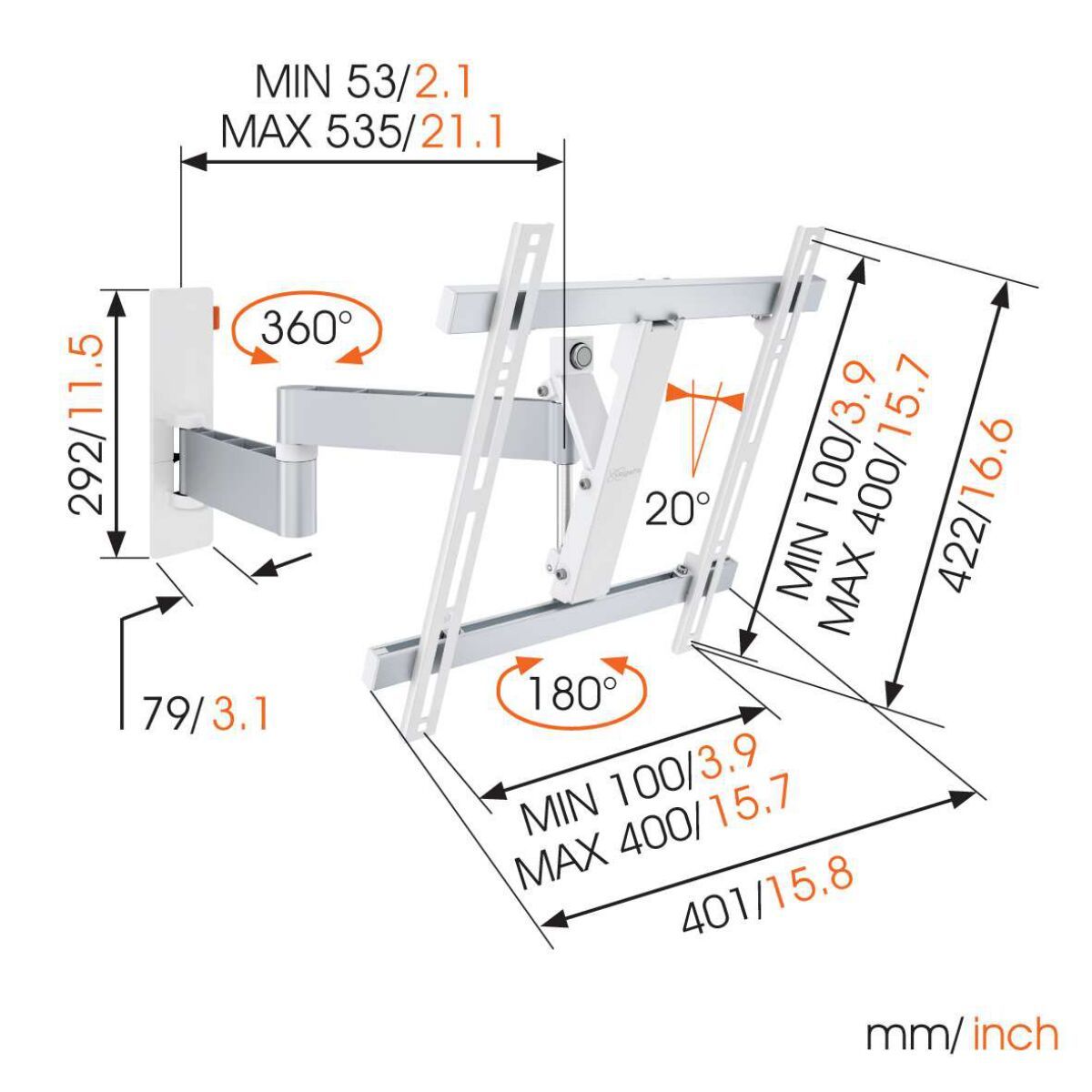 Vogel's W53071 Full-Motion TV Wall Mount (white) - Suitable for 32 up to 55 inch TVs - Full motion (up to 180°) - Tilt up to 20° - Dimensions