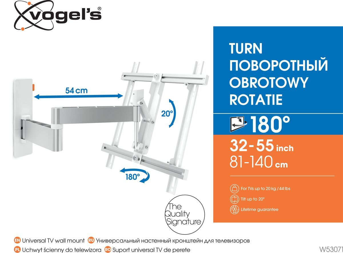 Vogel's W53071 Full-Motion TV Wall Mount (white) - Suitable for 32 up to 55 inch TVs - Full motion (up to 180°) - Tilt up to 20° - Packaging front