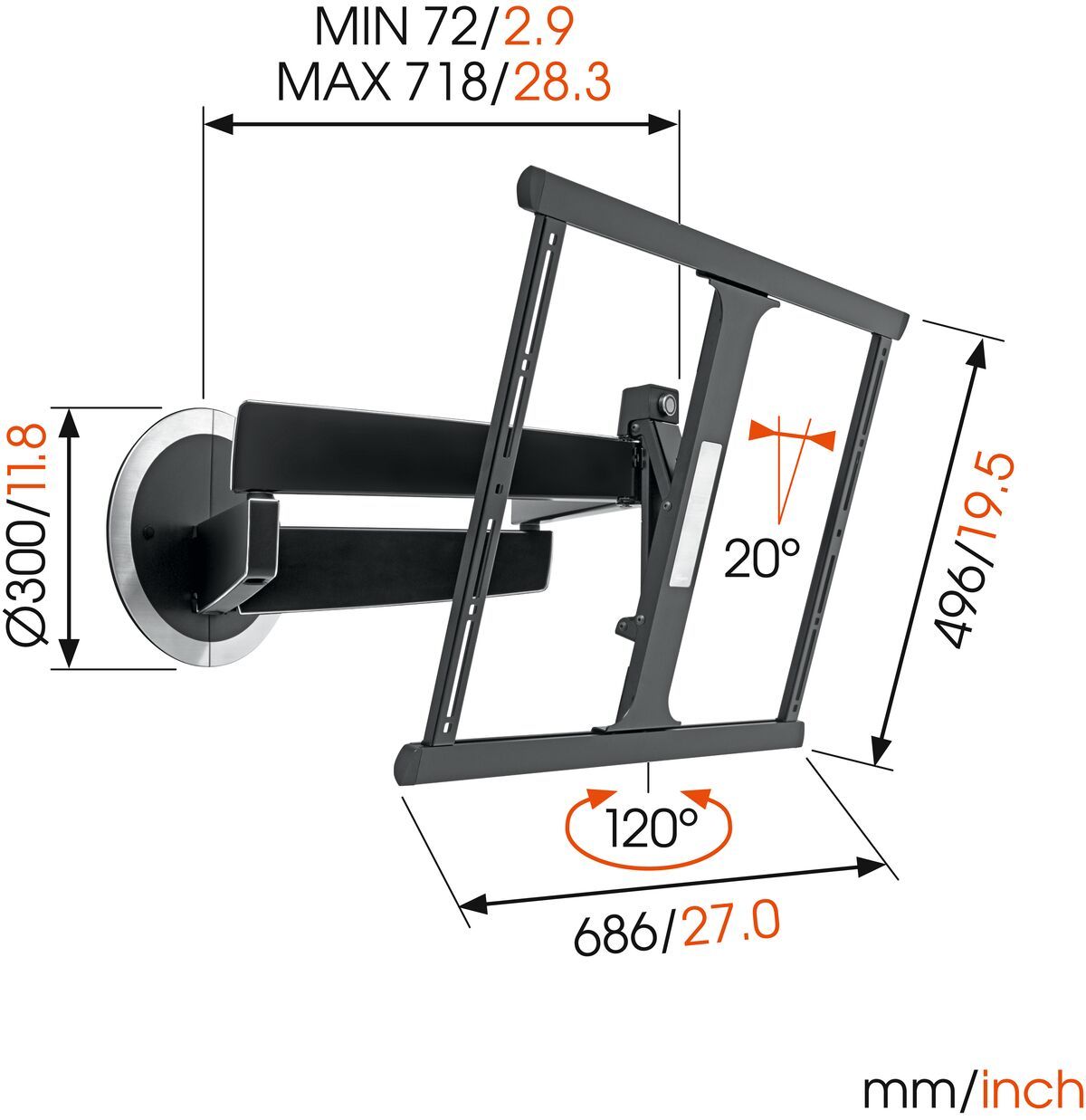 Vogel's DesignMount (NEXT 7345) Schwenkbare TV-Wandhalterung - Geeignet für Fernseher von 40 bis 65 Zoll und einem Gewicht bis zu 30 kg - Beweglich (bis zu 120°) - Dimensions