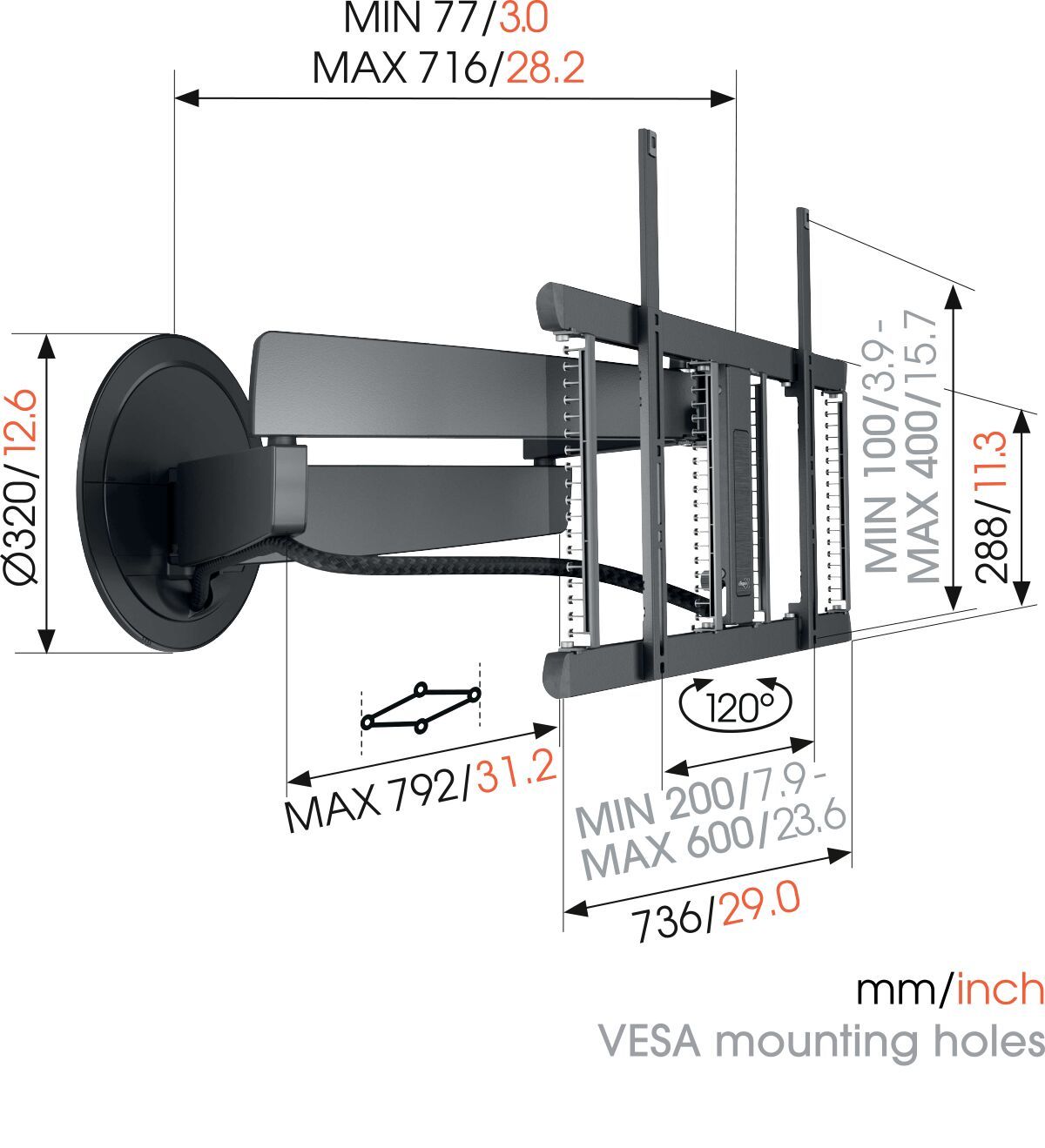 Vogel's TVM 7655 Support TV Orientable (noir) - Convient aux téléviseurs de 40 à 77 pouces jusqu'à Déploiement et rotation (jusqu'à 120°) - Dimensions