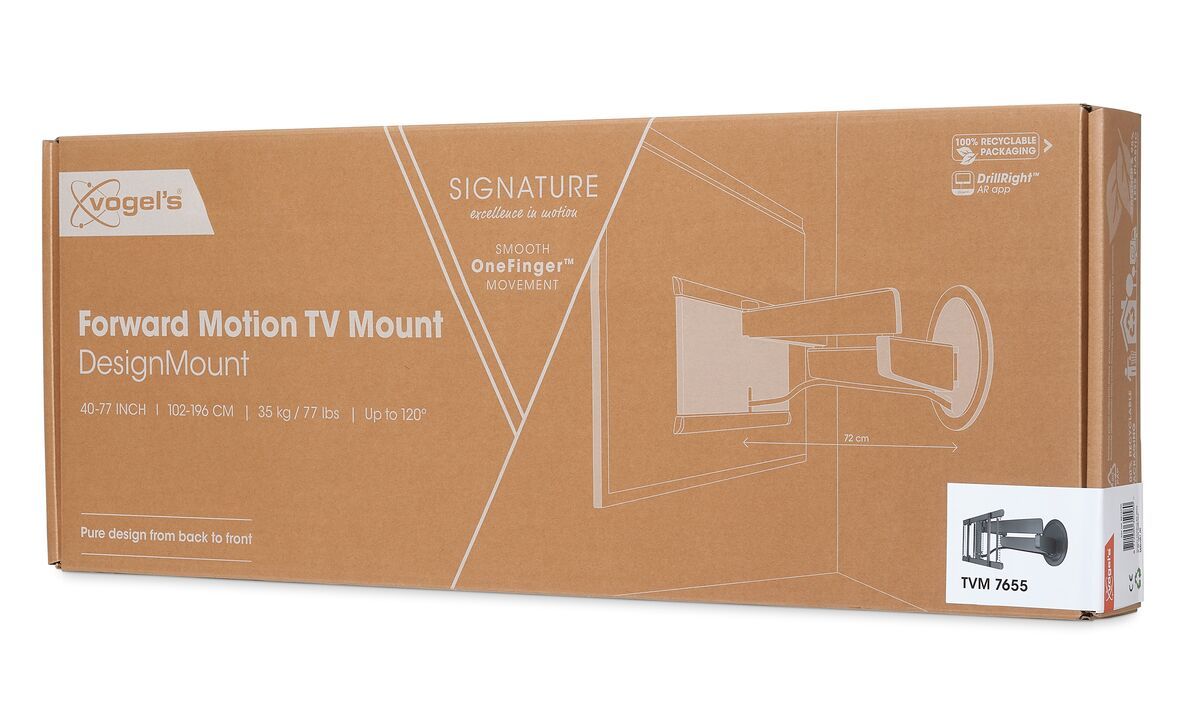 Vogel's TVM 7655 Schwenkbare TV-Wandhalterung (Schwarz) - Geeignet für Fernseher von 40 bis 77 Zoll und einem Gewicht bis zu 35 kg - Nach vorne beweglich und drehbar (bis zu 120°) - Pack shot 3D