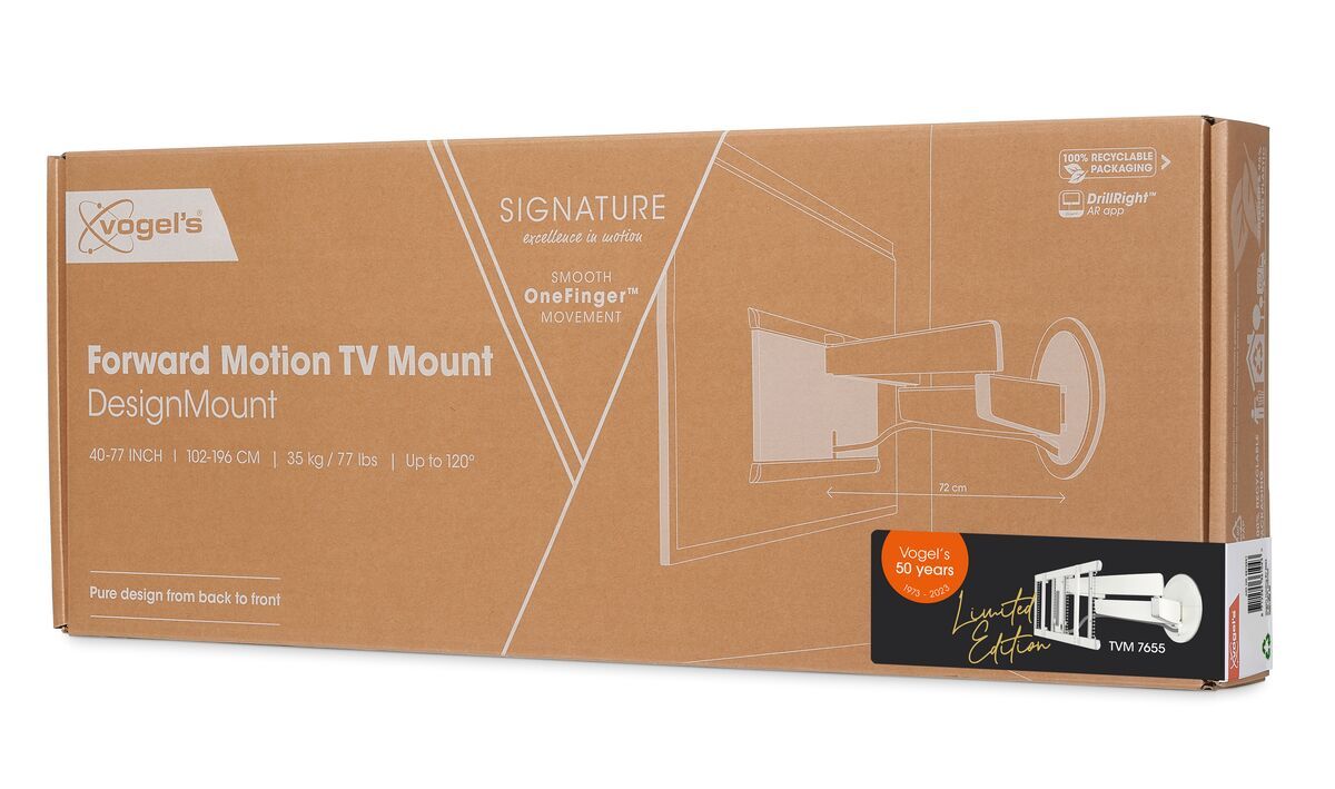 Vogel's TVM 7675 Elektrische tv-muurbeugel (wit) - Geschikt voor 40 tot 77 inch tv's tot Naar voren bewegend en draaibaar (tot 120°) - Pack shot 3D