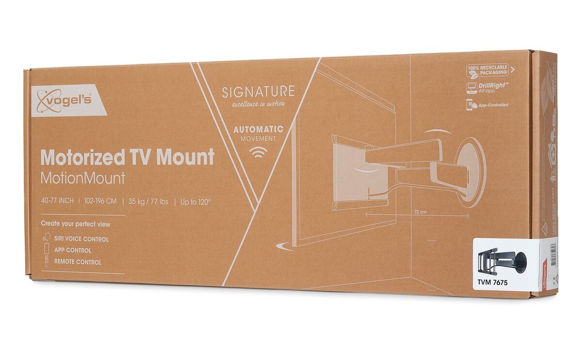 Vogel's TVM 7675 Support mural TV motorisé (noir) - Convient aux téléviseurs de 40 à 77 pouces jusqu'à 35 kg - Déploiement et rotation (jusqu'à 120°) - Pack shot 3D