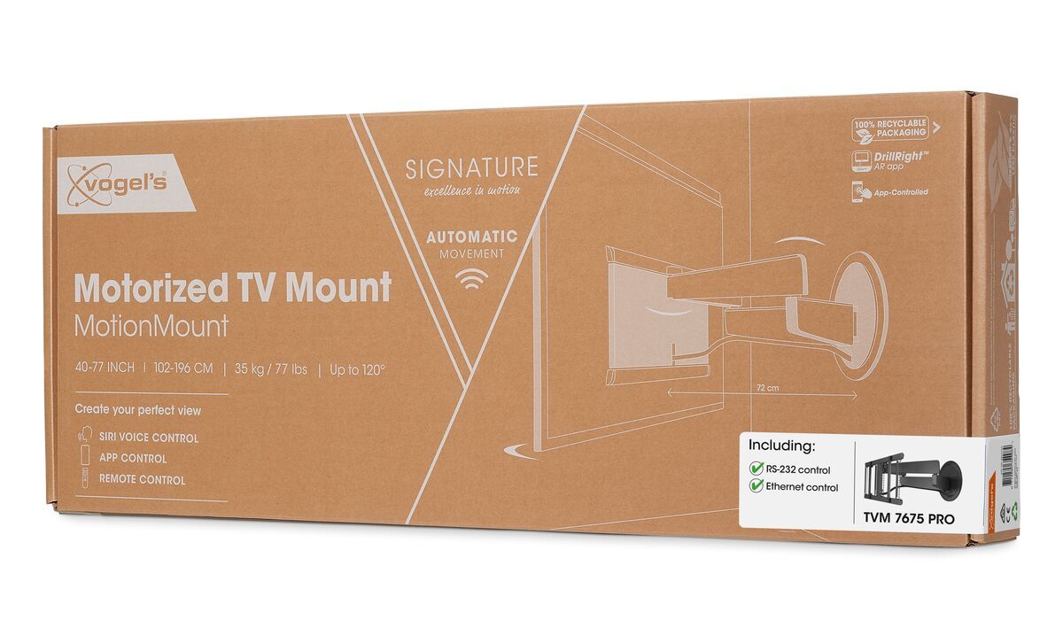 Vogel's TVM 7675 PRO Support mural TV motorisé (noir) - Convient aux téléviseurs de 40 à 77 pouces jusqu'à Déploiement et rotation (jusqu'à 120°) - Pack shot 3D
