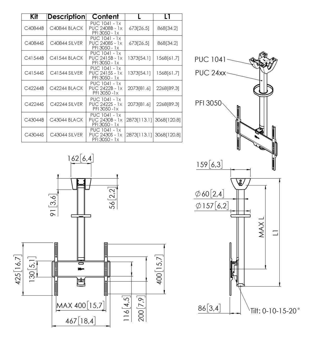 Vogel's C43044B Bildschirm Deckenhalterung - Dimensions