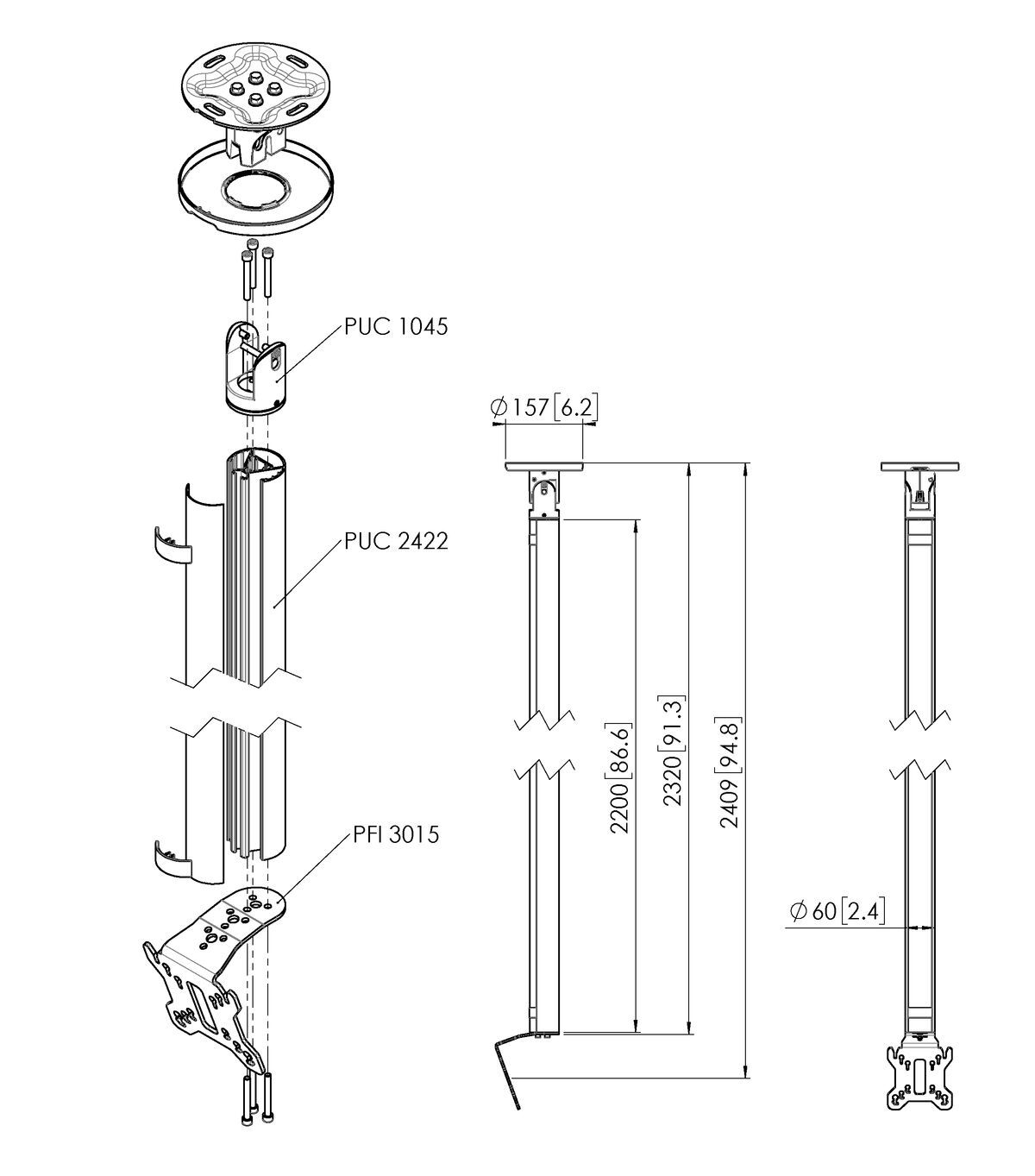 Vogel's CT242211S Display Ceiling Mount - Dimensions