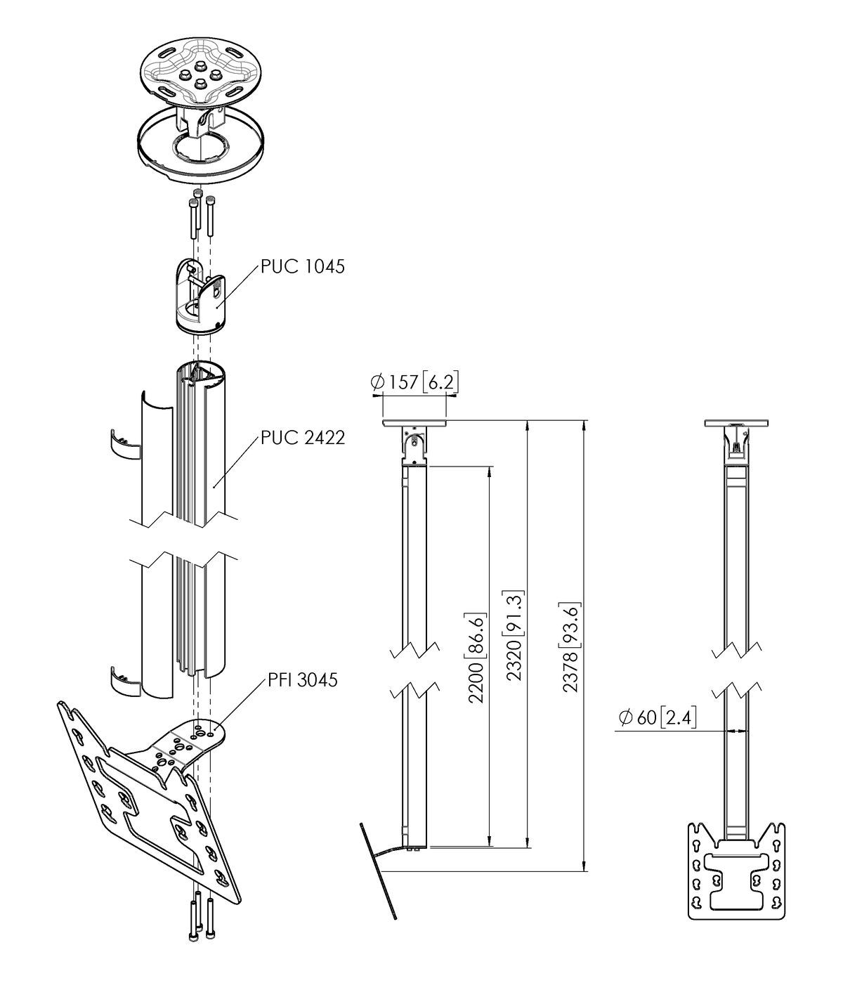 Vogel's CT242222S Display Ceiling Mount - Dimensions