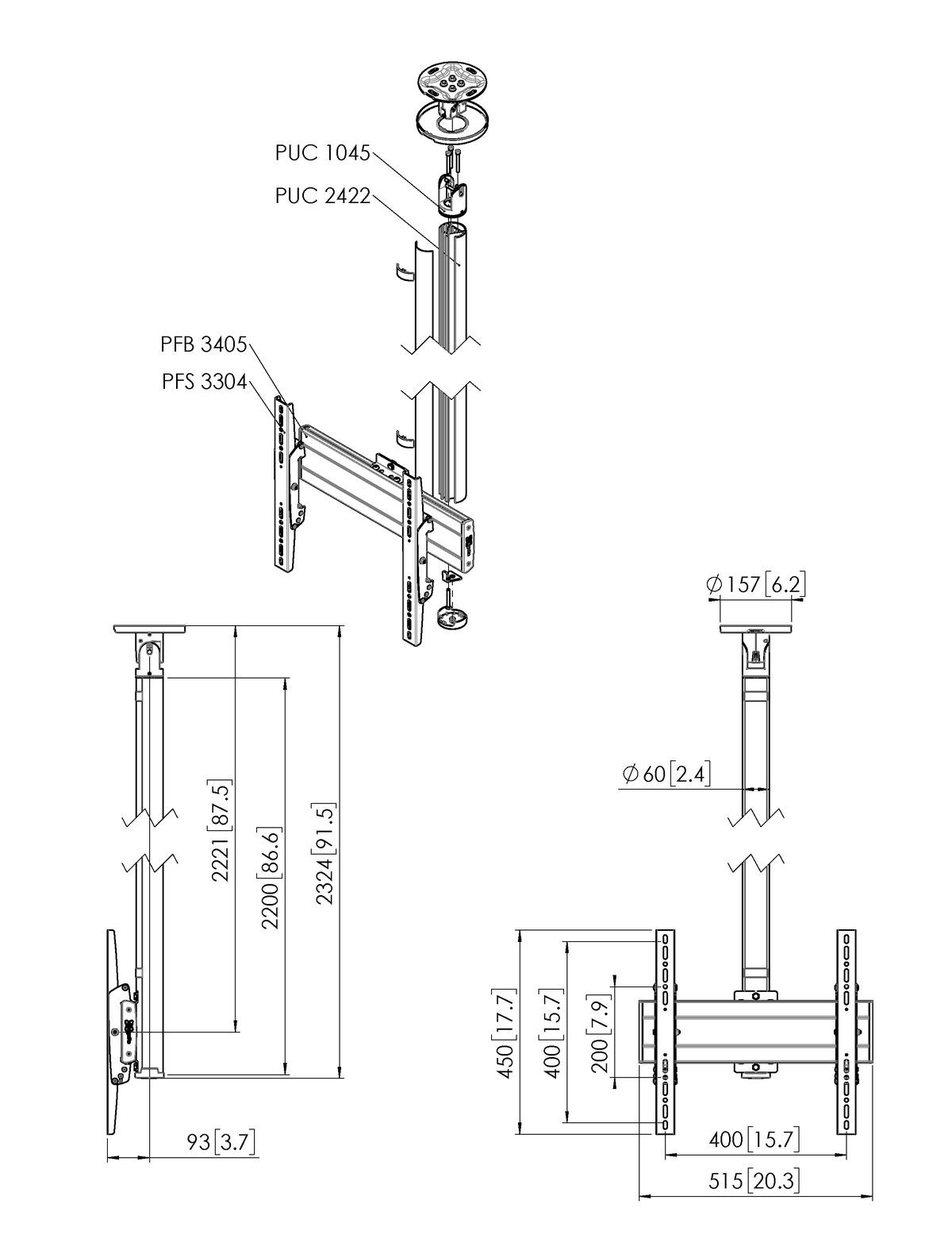 Vogel's CT242244S Display Ceiling Mount - Dimensions