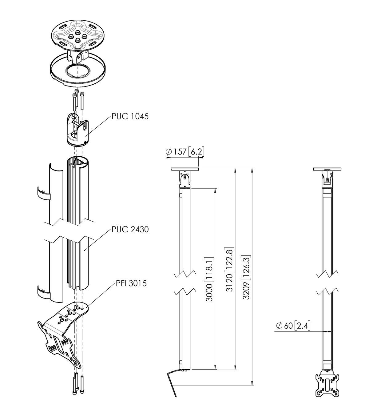 Vogel's CT243011S Display plafondbeugel - Dimensions
