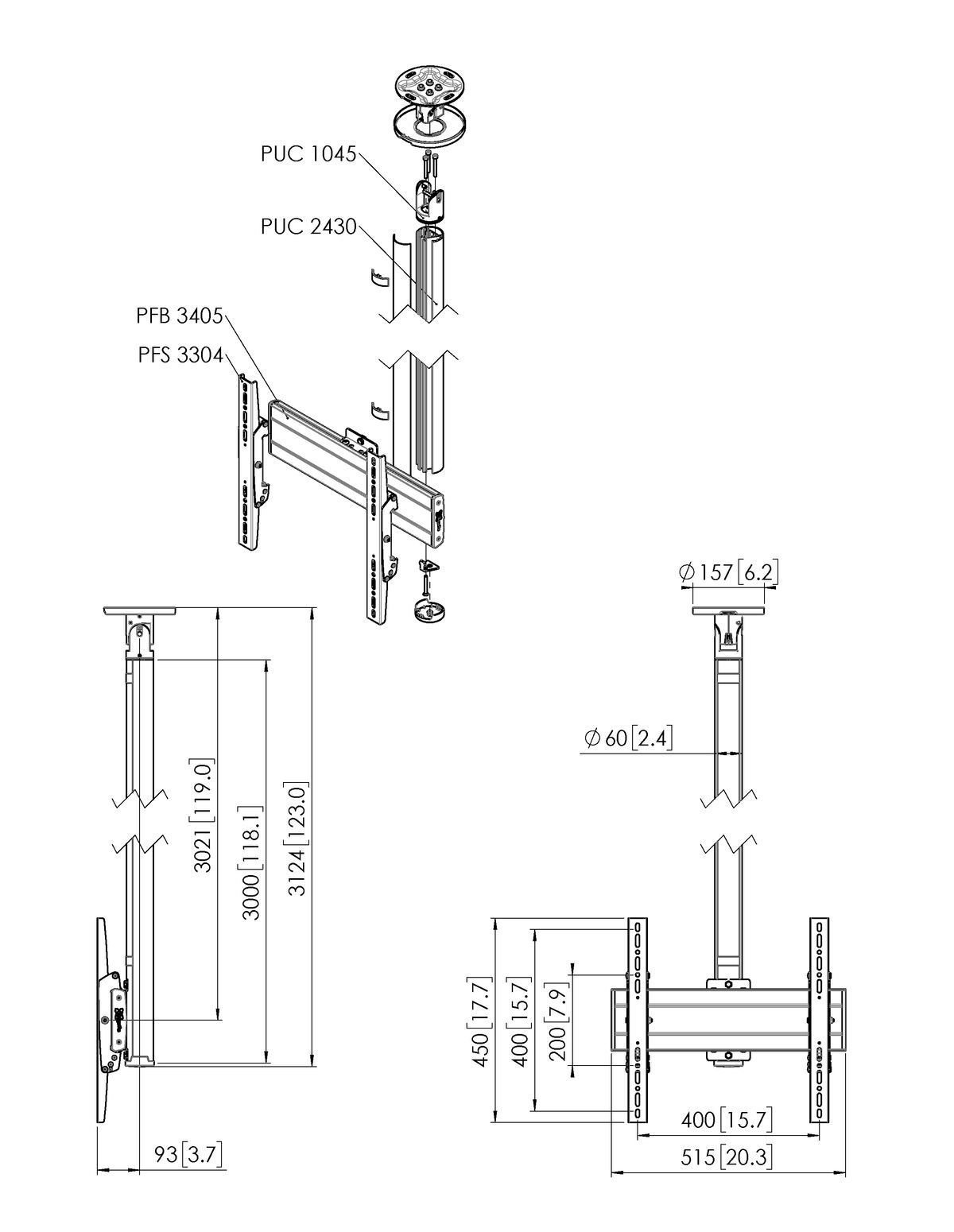Vogel's CT243044S Display Ceiling Mount - Dimensions