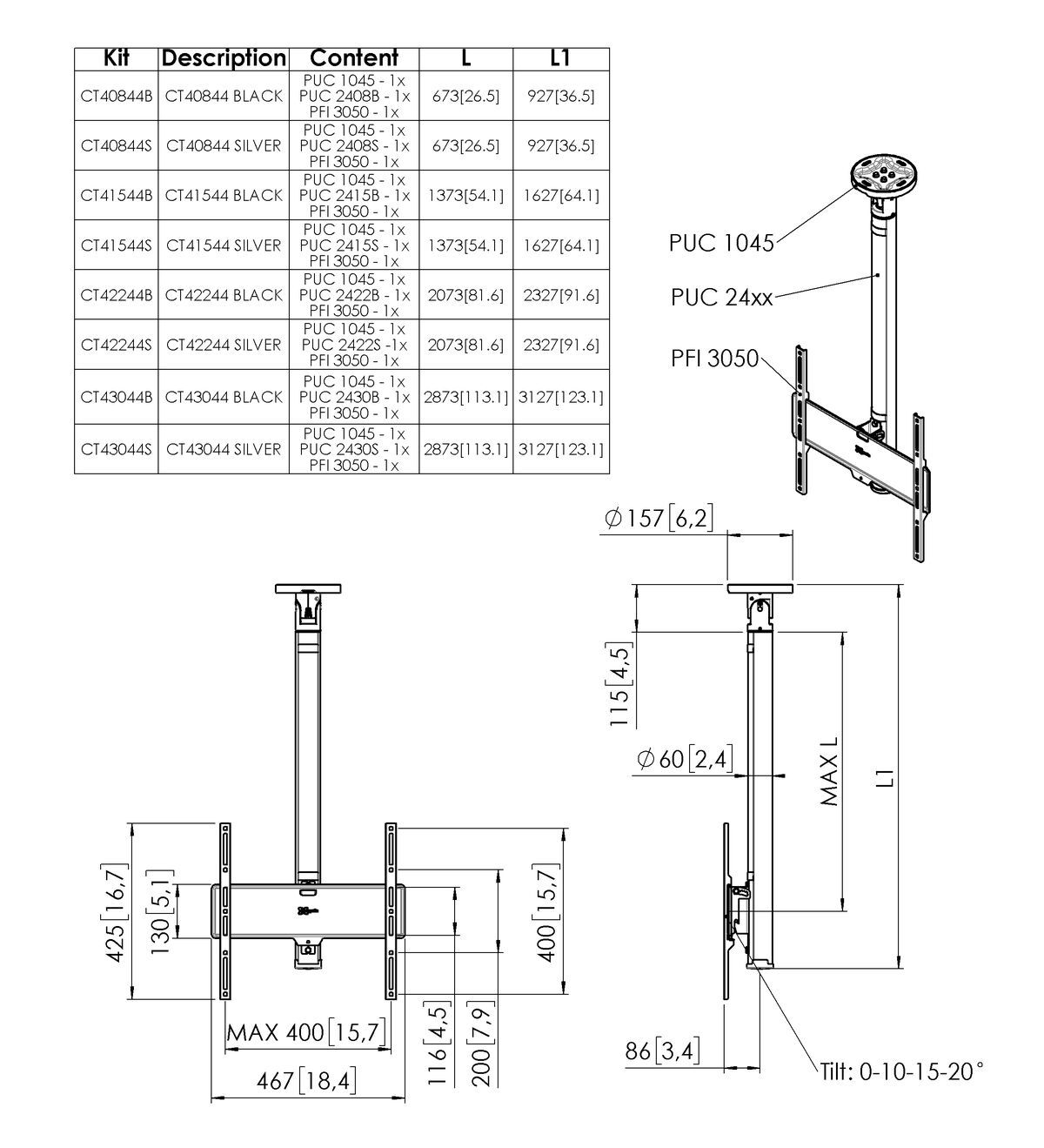 Vogel's CT40844S Bildschirm Deckenhalterung - Dimensions