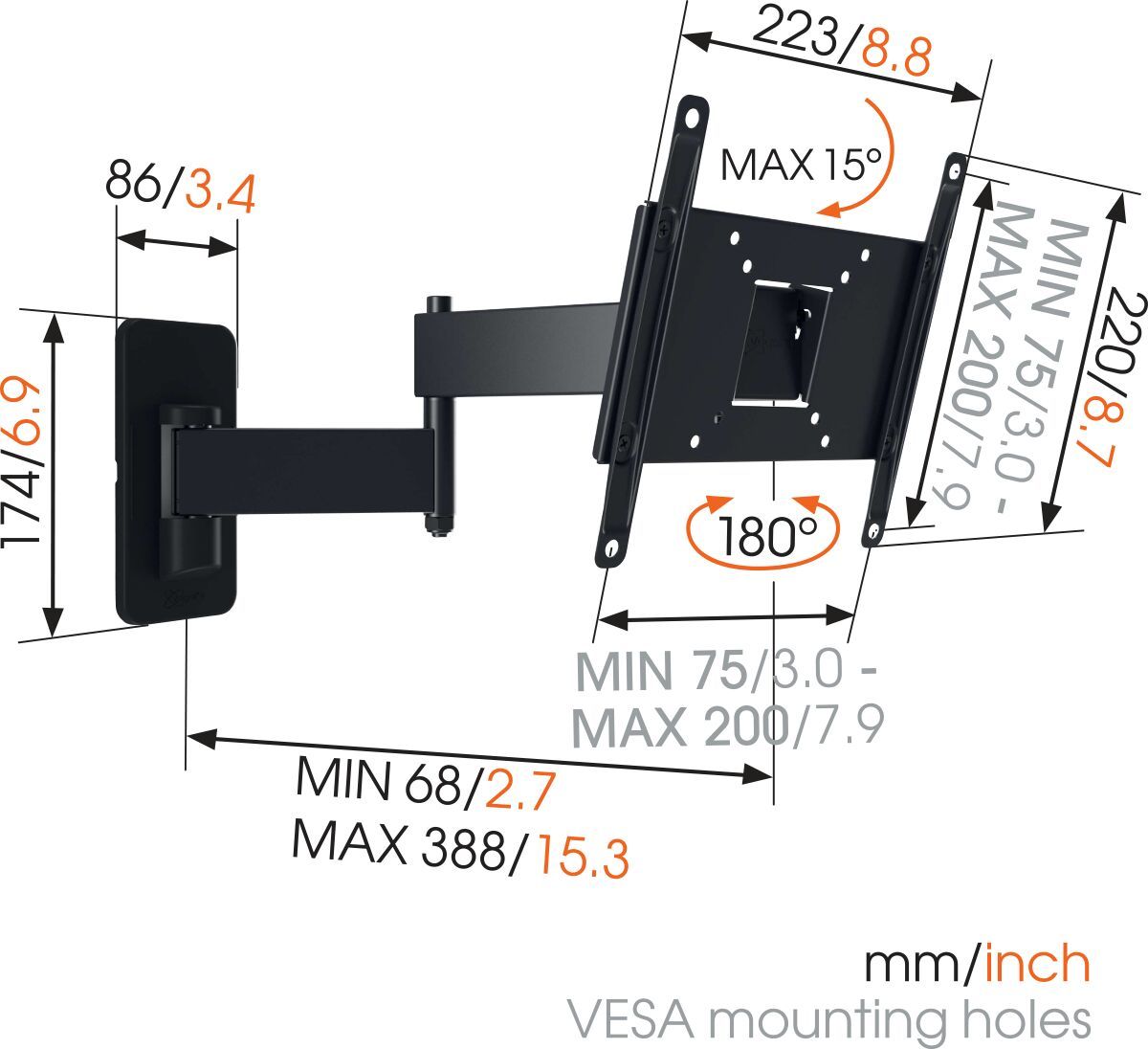 Vogel's MA2040 Draaibare tv-beugel - Geschikt voor 19 tot 43 inch tv's - Volledig draaibaar (tot 180°) - Kantelsysteem tot 10° - Dimensions