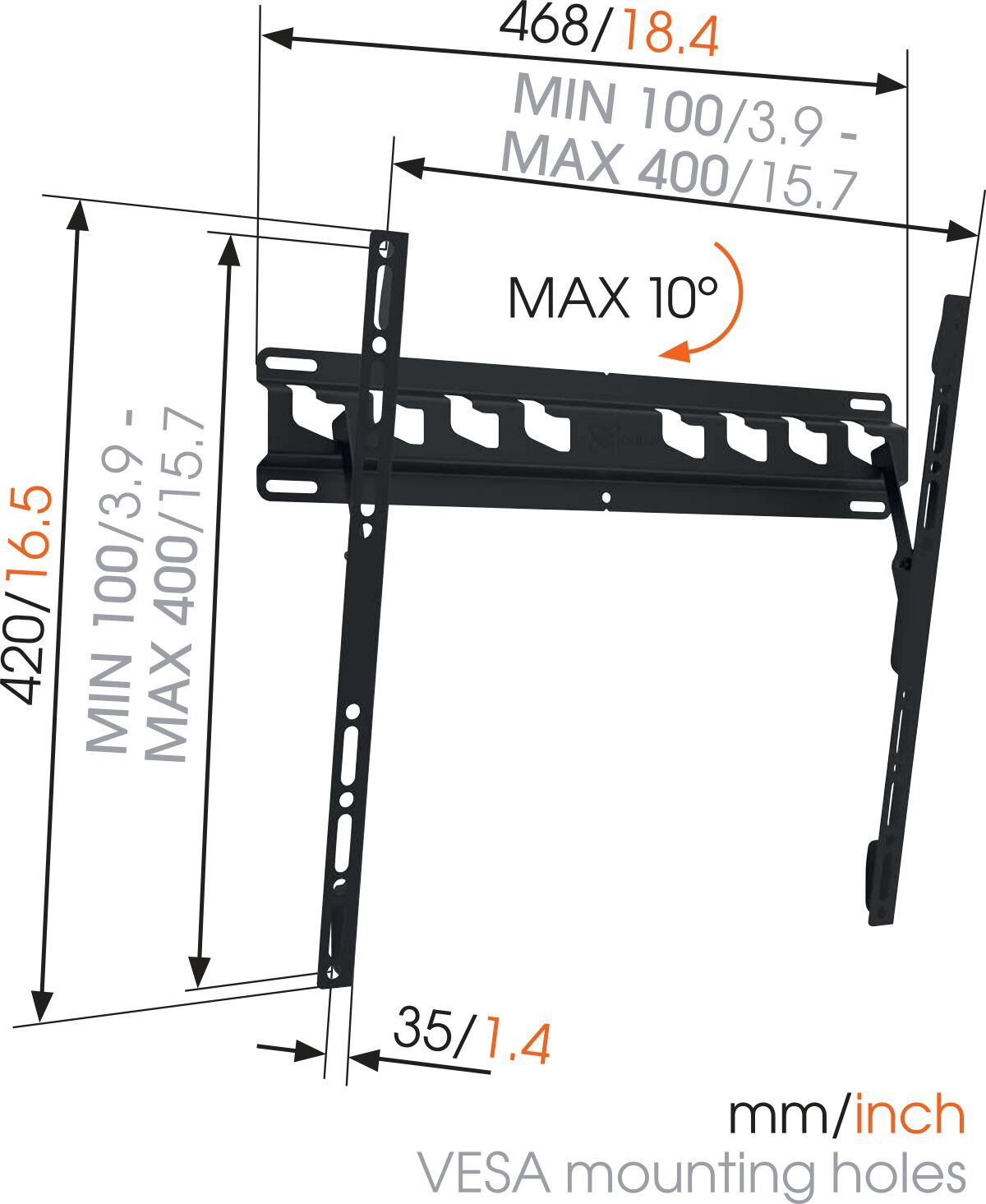 Vogel's MA 3010 Tilting TV Wall Mount - Suitable for 32 up to 65 inch TVs up to Tilt up to 10° - Dimensions