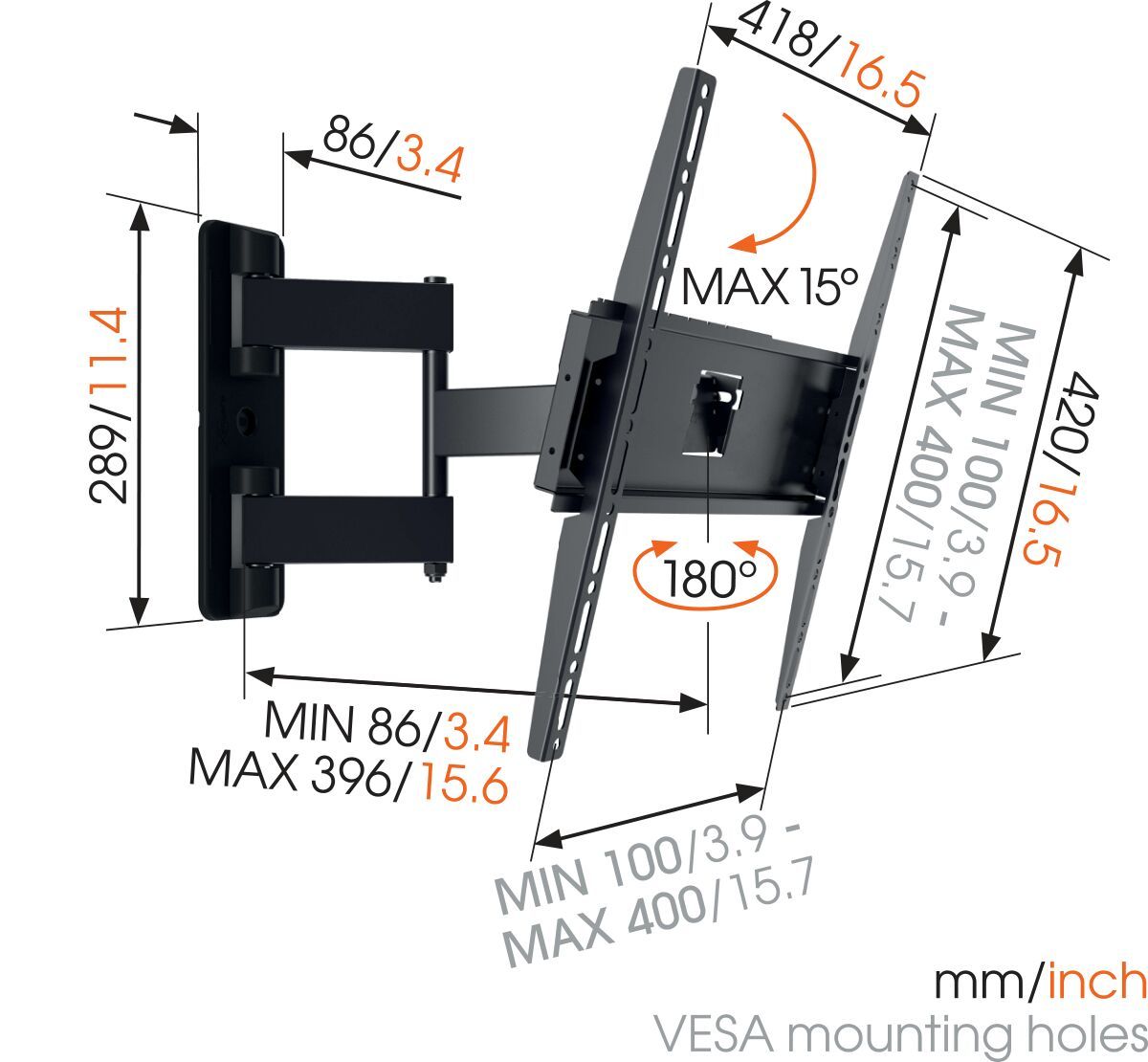 Vogel's MA3040 Schwenkbare TV-Wandhalterung - Geeignet für Fernseher von 32 bis 65 Zoll - Voll beweglich (bis zu 180°) - Bis zu 10° neigbar - Dimensions