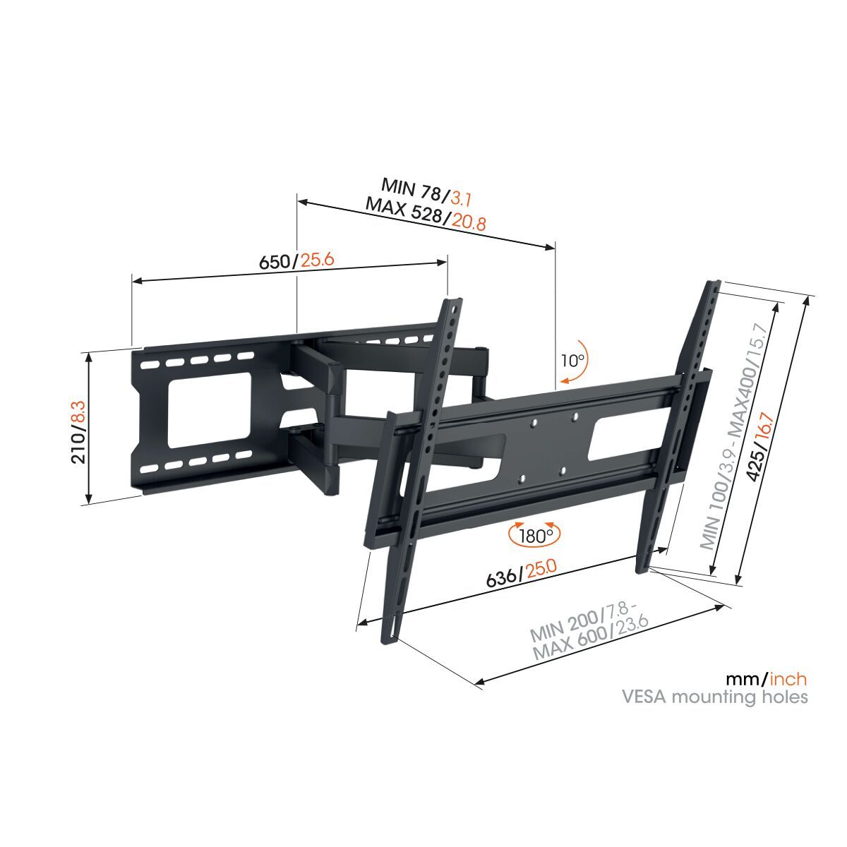 Vogel's MA4040 Full-Motion TV Wall Mount - Suitable for 40 up to 77 inch TVs - Full motion (up to 180°) - Tilt up to 10° - Dimensions