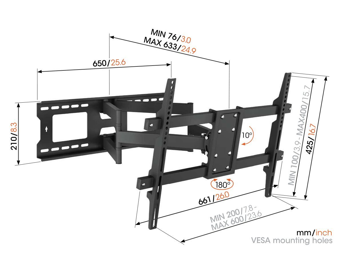 Vogel's MA5040 Schwenkbare TV-Wandhalterung - Geeignet für Fernseher von 43 bis 90 Zoll - Voll beweglich (bis zu 180°) - Bis zu 10° neigbar - Dimensions