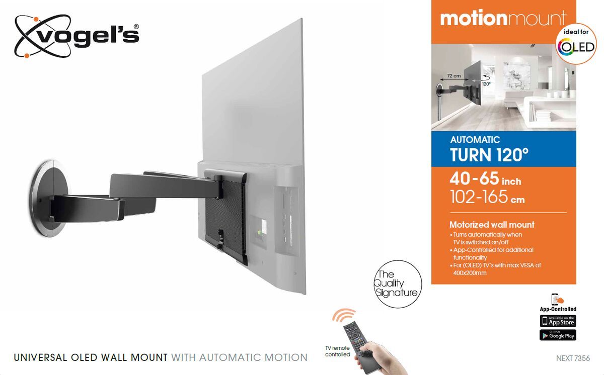 Vogel's MotionMount (NEXT 7356) Full-Motion Motorised TV Wall Mount ideal for OLED TVs - Suitable for 40 up to 65 inch TVs up to Motion (up to 120°) - Packaging front