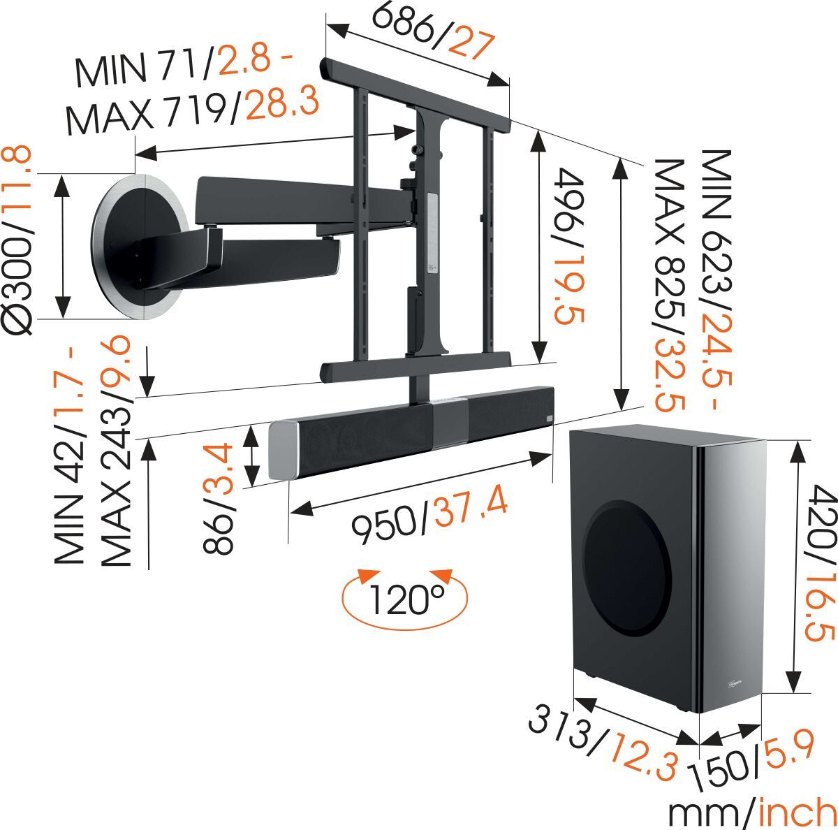 Vogel's MotionSoundMount (NEXT 8375) Elektrisch schwenkbare TV-Wandhalterung mit integriertem Sound 40 65 Beweglich (bis zu 120°) Dimensions
